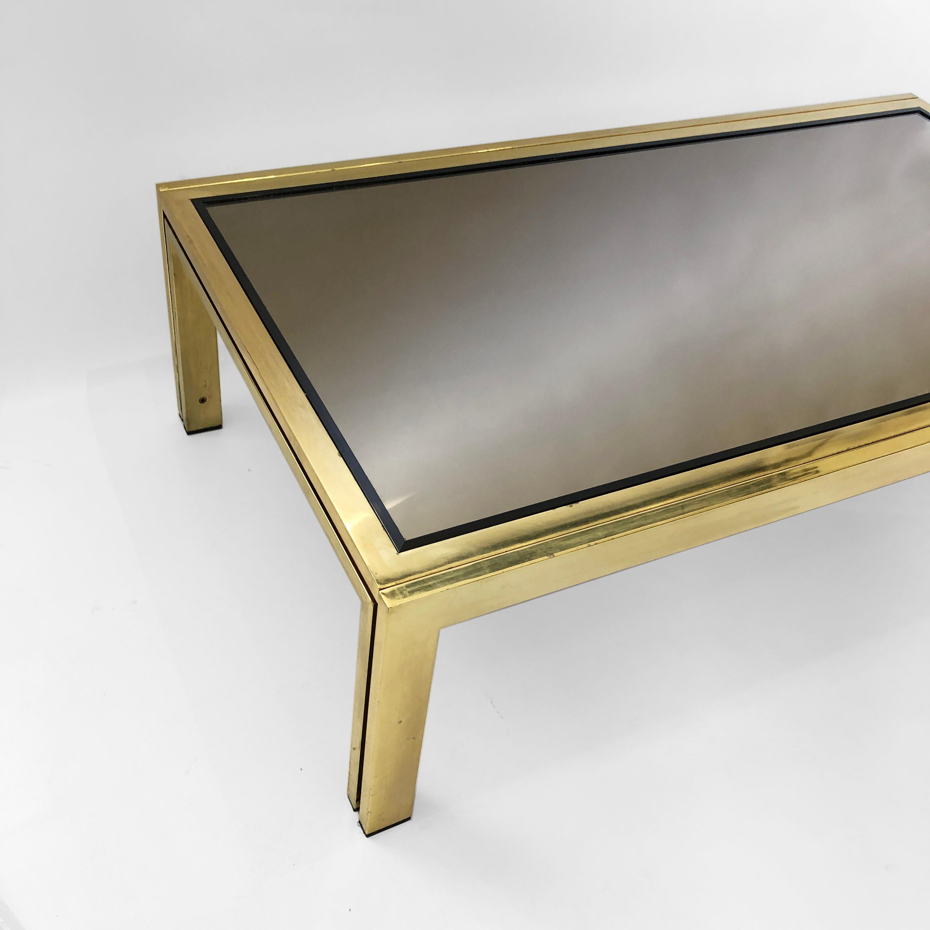 Brass Smoked Mirror Rectangular Coffee Table 1970s Hollywood Regency Renato Zevi In Good Condition For Sale In London, GB