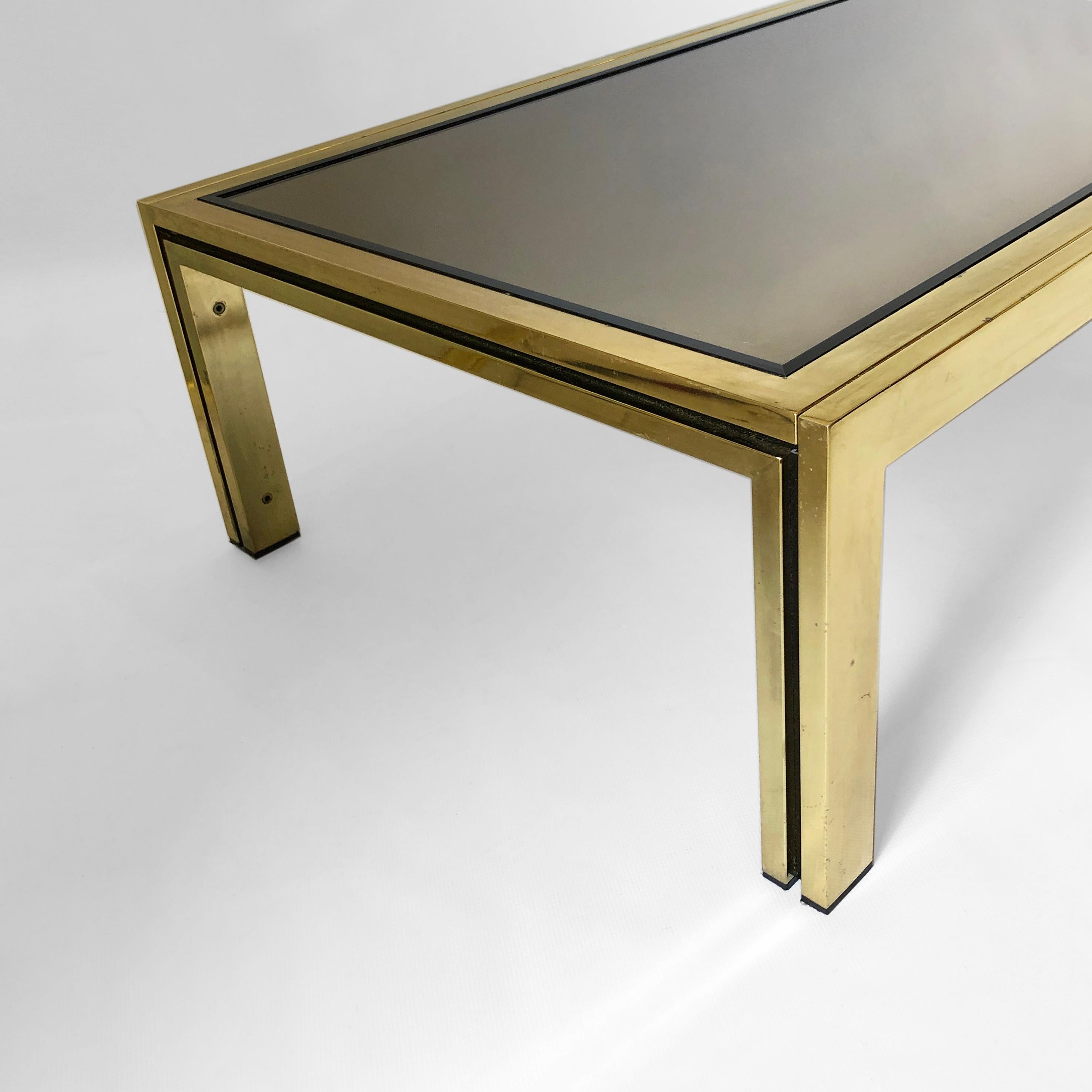 Late 20th Century Brass Smoked Mirror Rectangular Coffee Table 1970s Hollywood Regency Renato Zevi For Sale