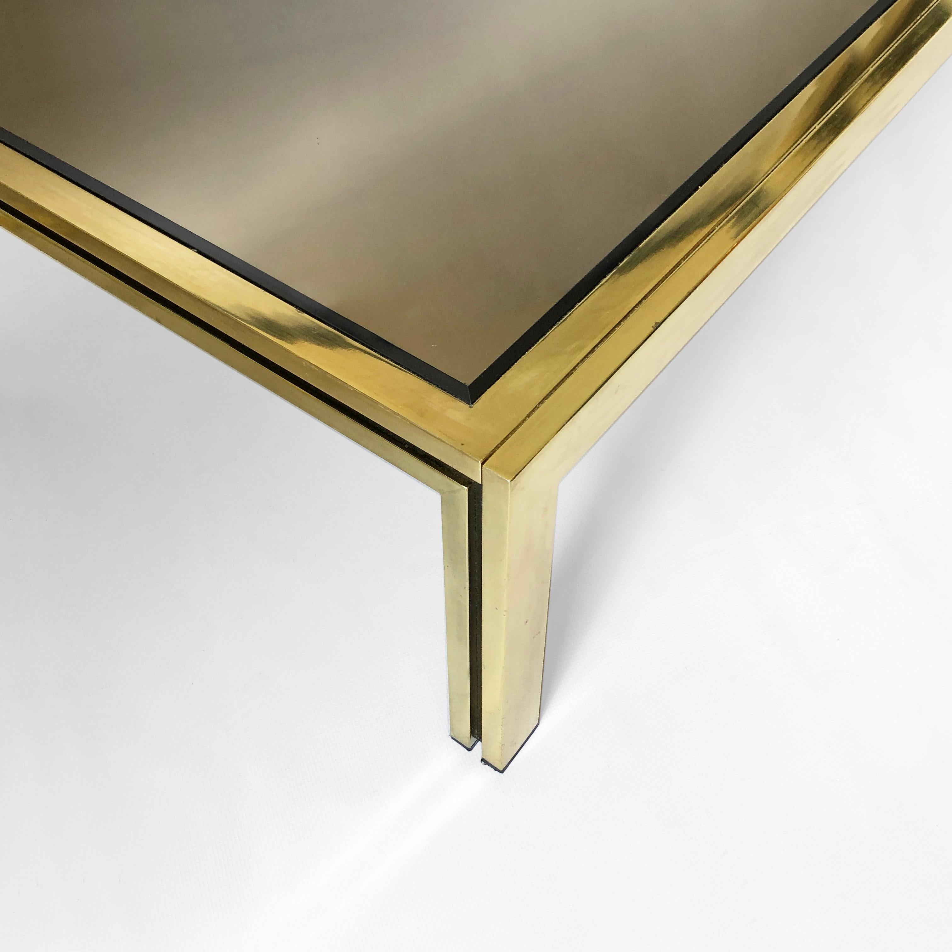 Brass Smoked Mirror Rectangular Coffee Table 1970s Hollywood Regency Renato Zevi For Sale 1