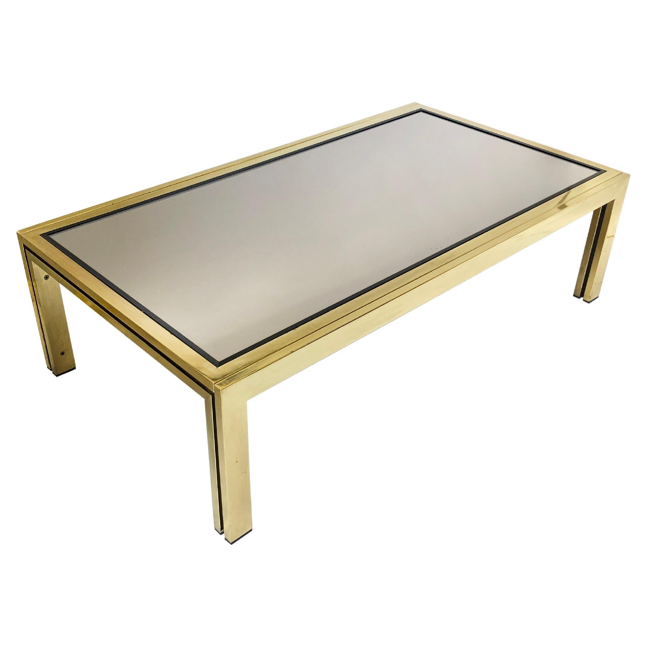 Brass Smoked Mirror Rectangular Coffee Table 1970s Hollywood Regency Renato Zevi For Sale