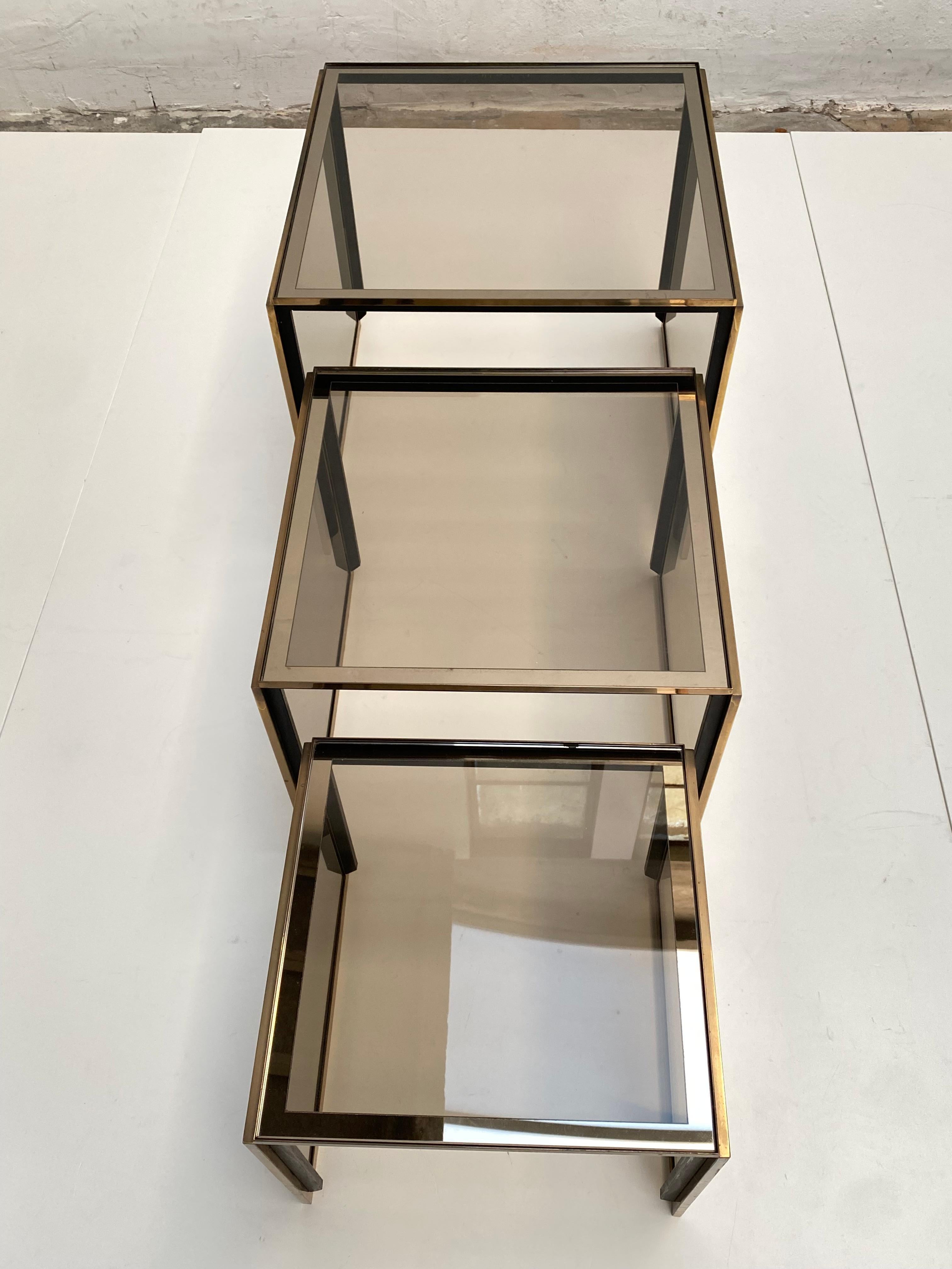 Brass & Smoked/Mirrored Glass Nesting Tables by Renato Zevi, Italy 1970's For Sale 6