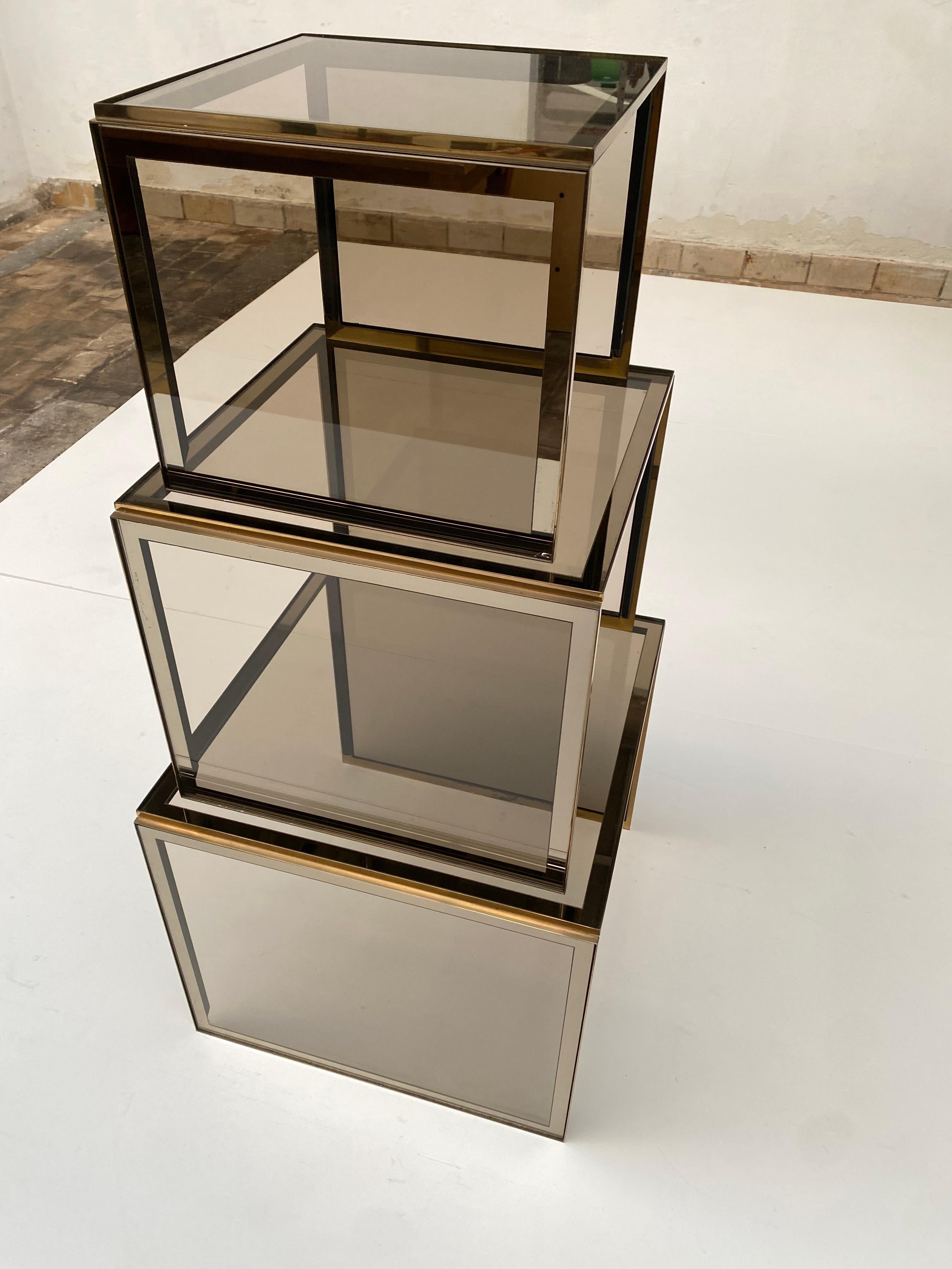 Brass & Smoked/Mirrored Glass Nesting Tables by Renato Zevi, Italy 1970's For Sale 7