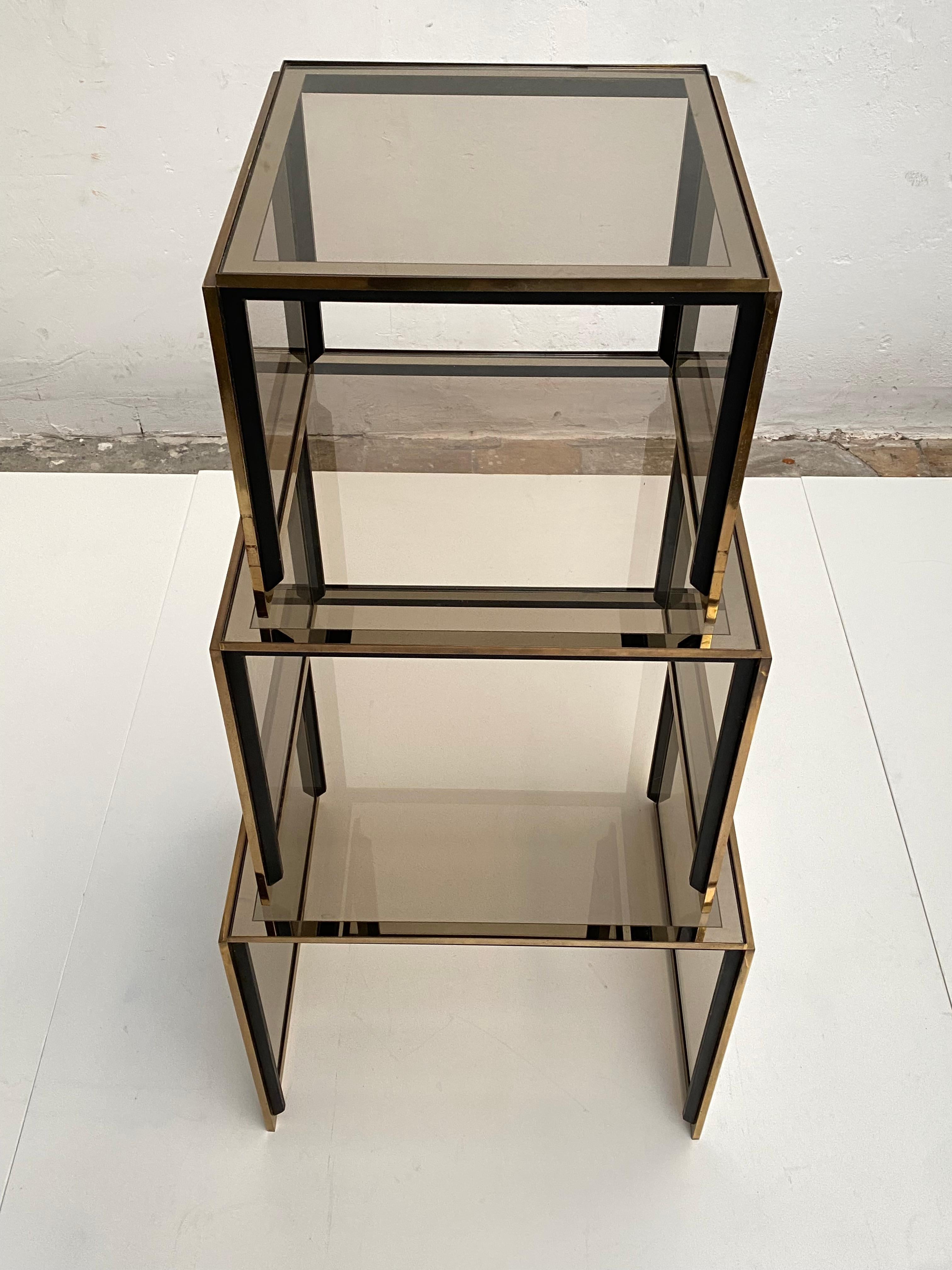 Brass & Smoked/Mirrored Glass Nesting Tables by Renato Zevi, Italy 1970's For Sale 8