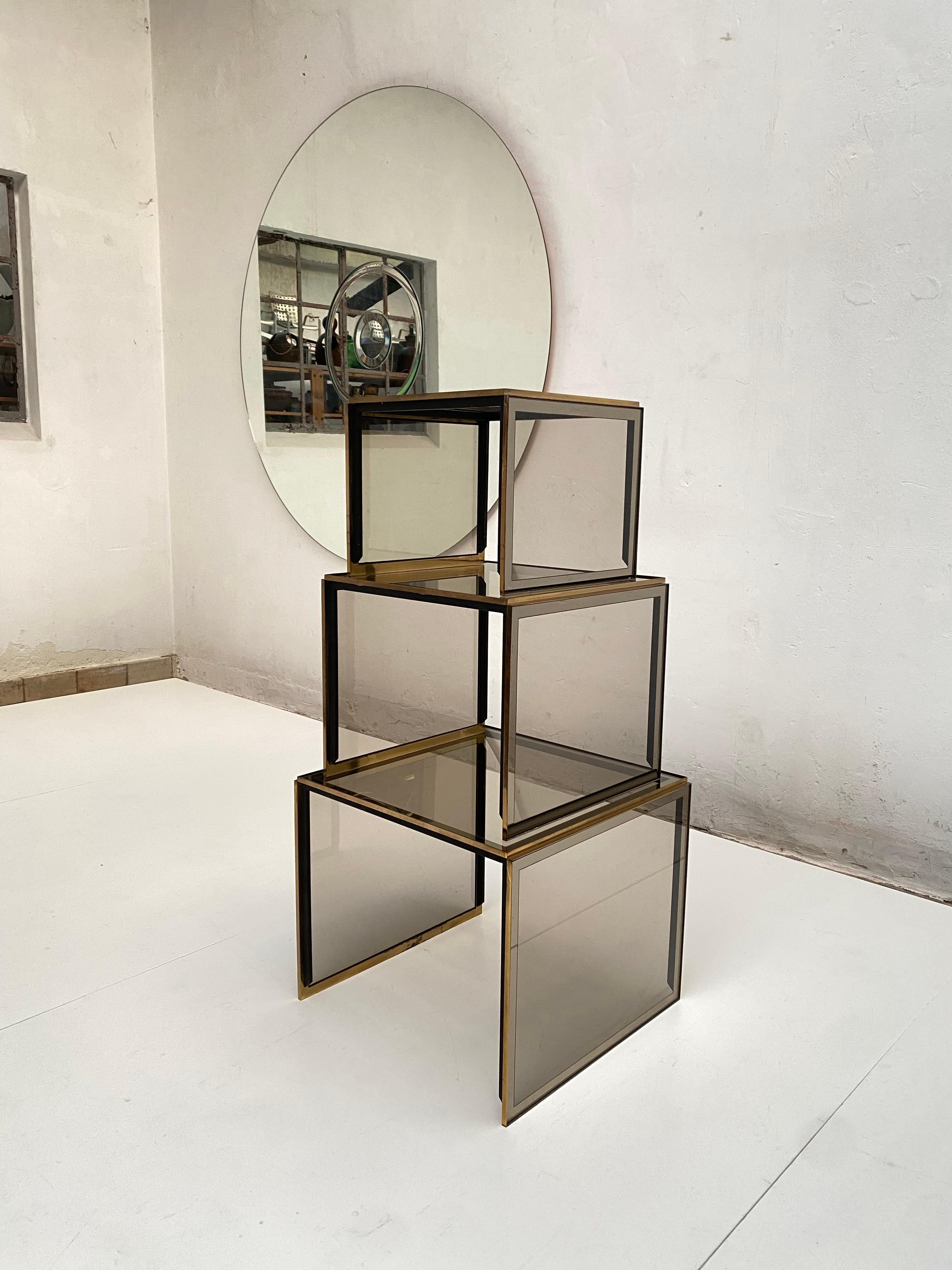 Italian Brass & Smoked/Mirrored Glass Nesting Tables by Renato Zevi, Italy 1970's For Sale