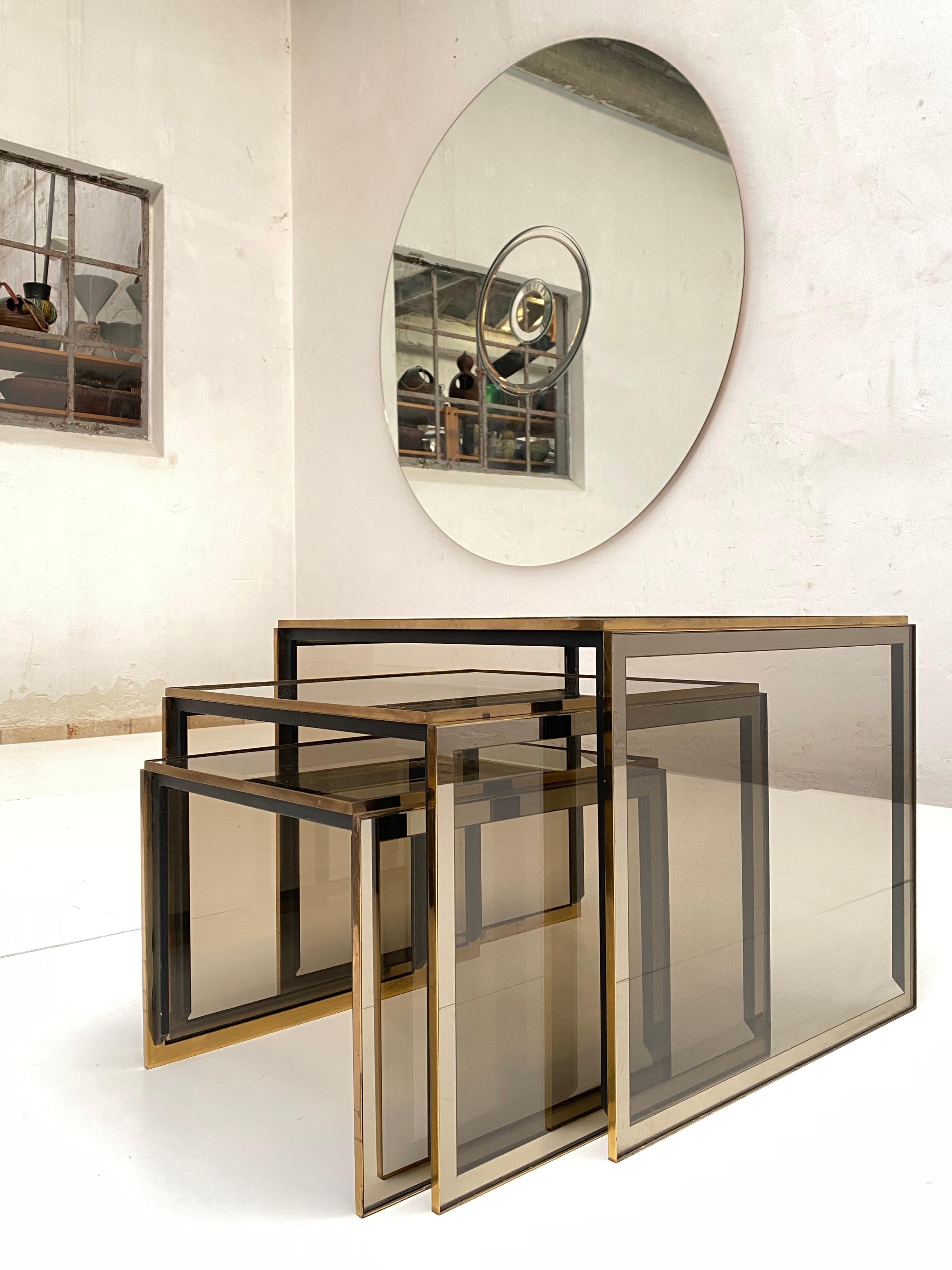 Late 20th Century Brass & Smoked/Mirrored Glass Nesting Tables by Renato Zevi, Italy 1970's For Sale