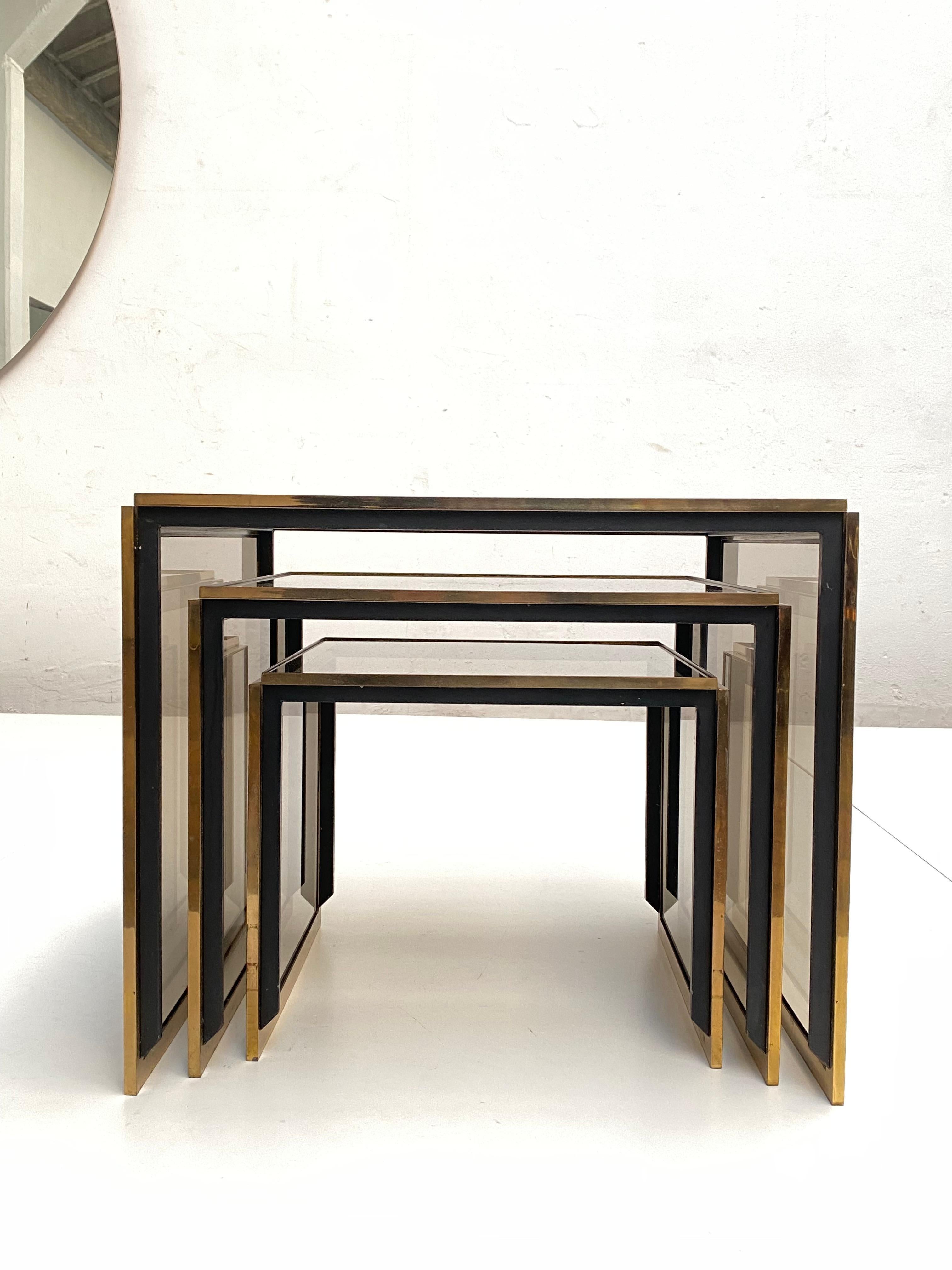 Brass & Smoked/Mirrored Glass Nesting Tables by Renato Zevi, Italy 1970's For Sale 2