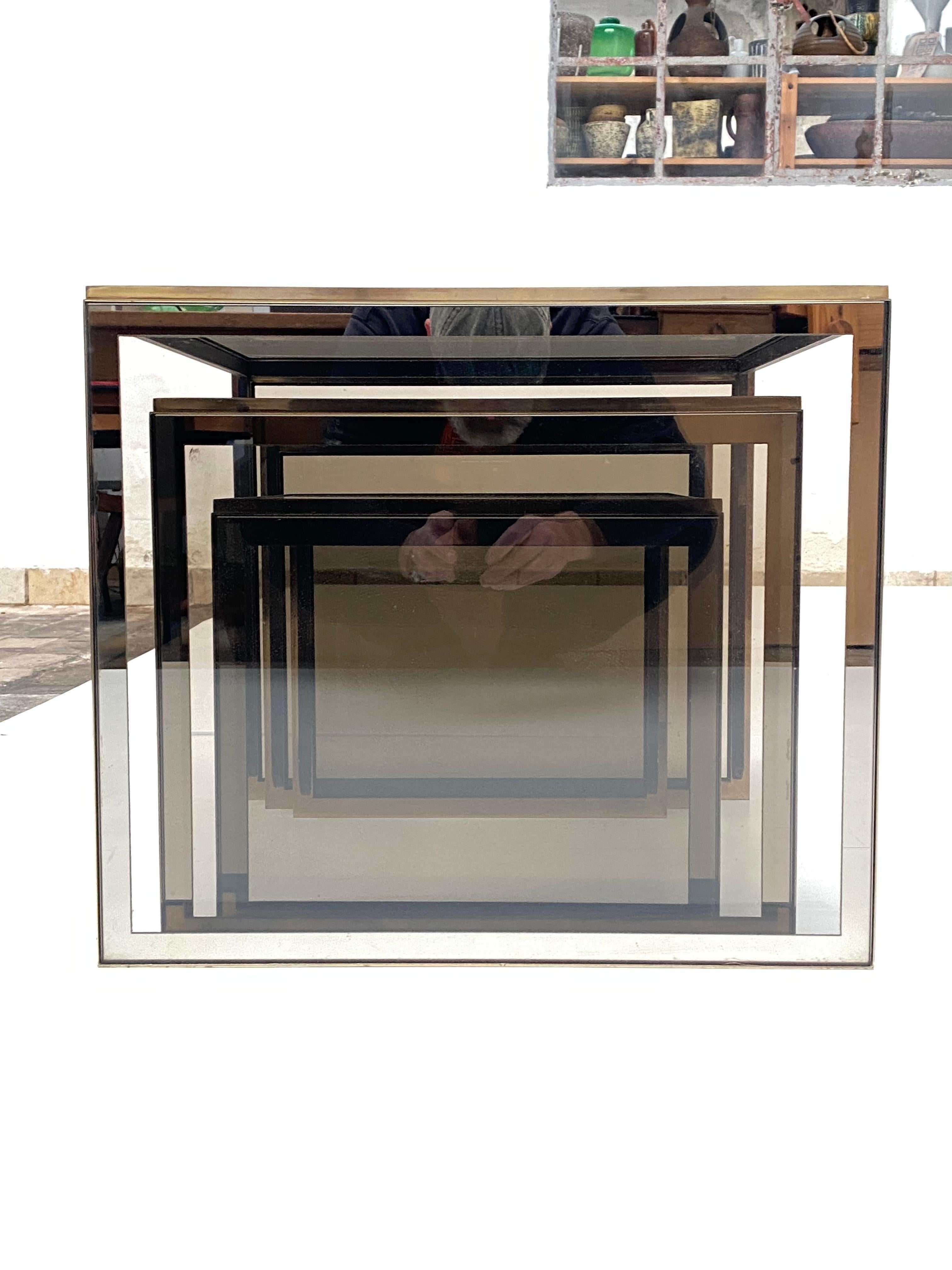 Brass & Smoked/Mirrored Glass Nesting Tables by Renato Zevi, Italy 1970's For Sale 3