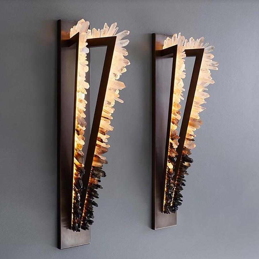 Contemporary brass & quartz crystal wall sconce - Pythagoras crystal twin 600 by Christopher Boots

Pythagoras, the revered philosopher and mathematician, believed the mysteries of our physical world could be revealed through Mathematics. For