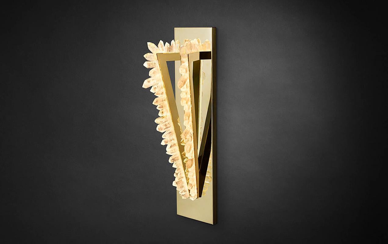 Modern Brass & Smoky Quartz Wall Sconce, Pythagoras Crystal Twin by Christopher Boots For Sale