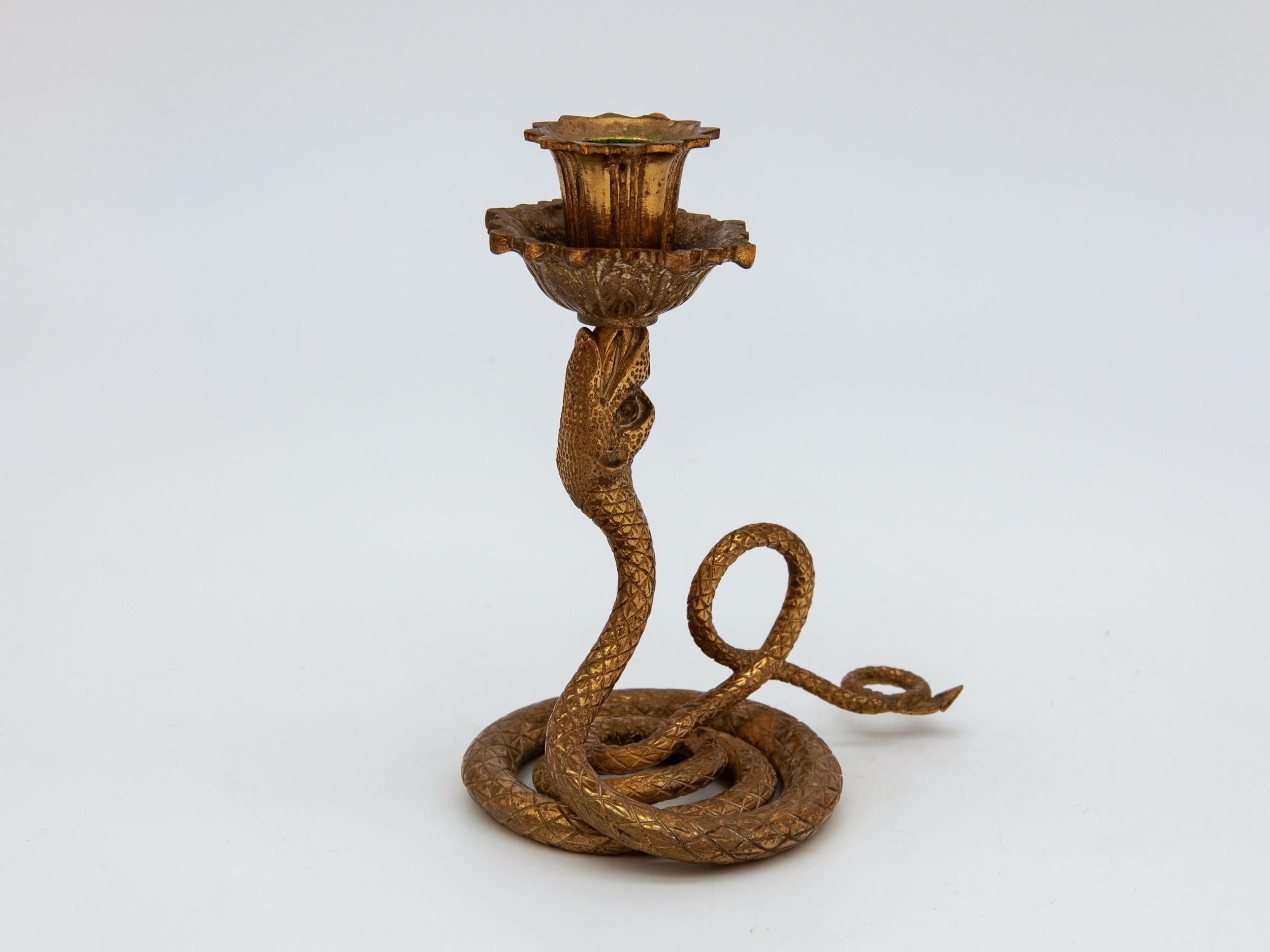 Single brass candle holder in the shape of a coiled snake. Open mouth holds the base of the candle holder. The patina highlights the crosshatch pattern on the snake, tapering to an end with pointed arrow fins.