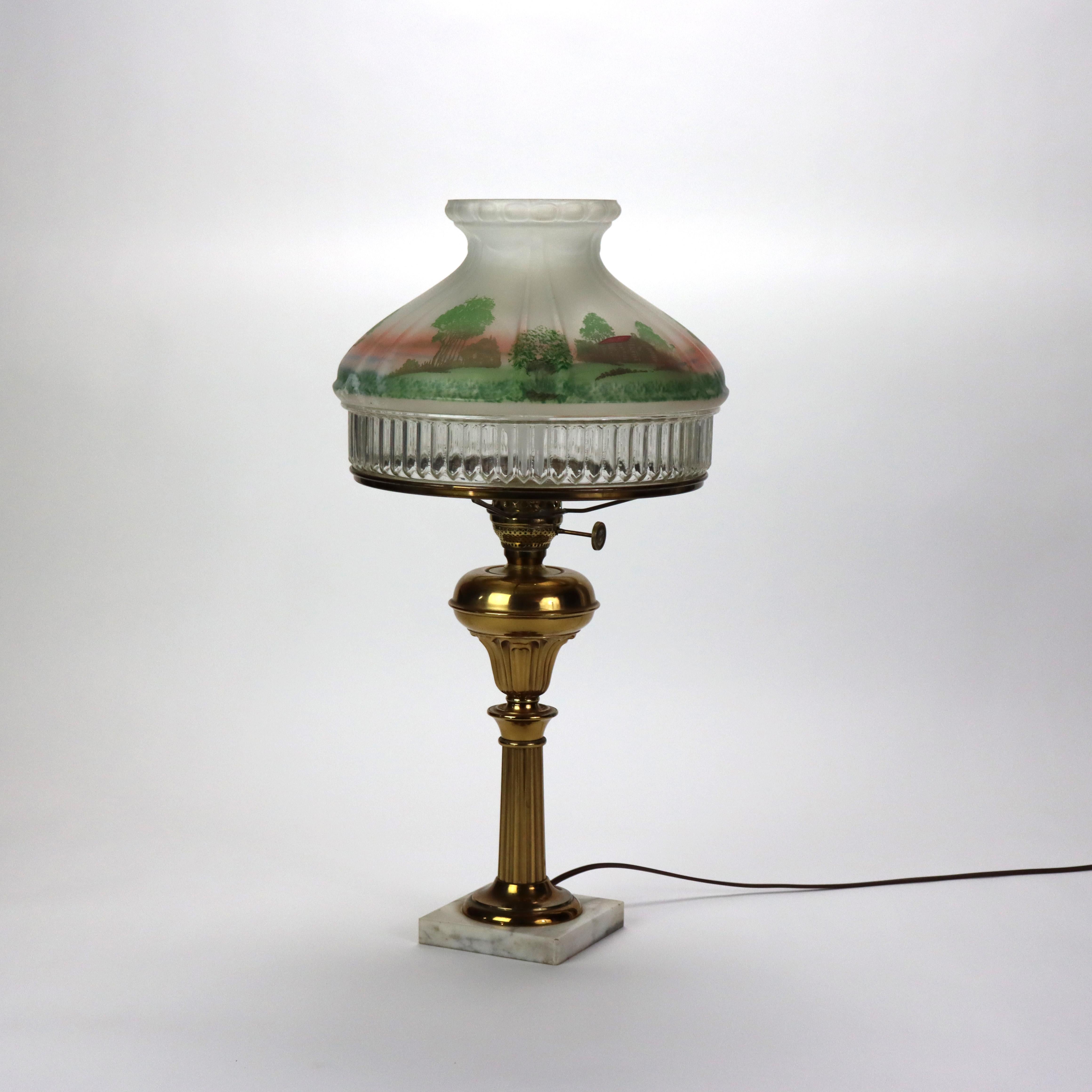 American Brass Solar Style Lamp with Scenic Tam O’ Shanter Glass Shade & Marble Base For Sale
