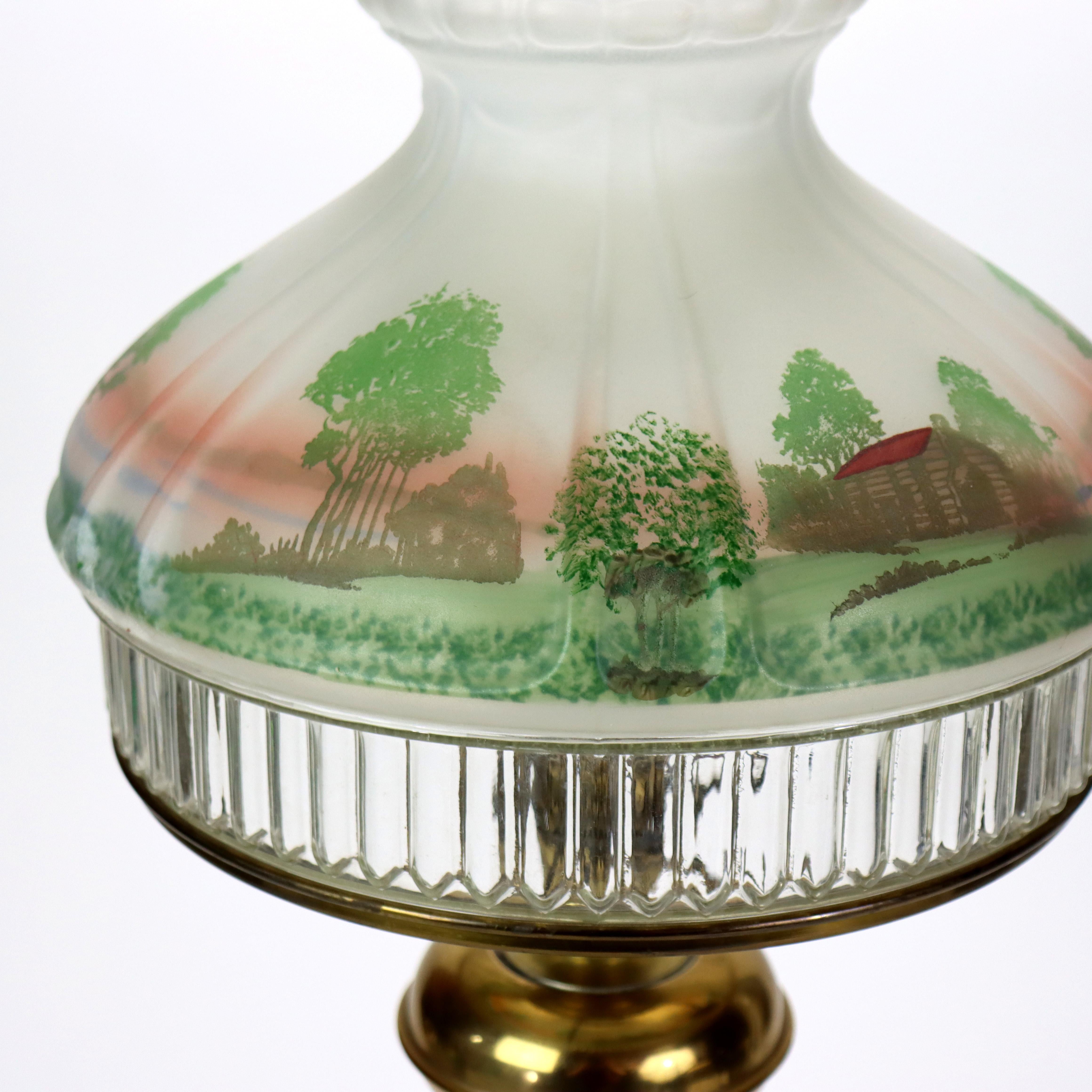 Brass Solar Style Lamp with Scenic Tam O’ Shanter Glass Shade & Marble Base In Good Condition For Sale In Big Flats, NY
