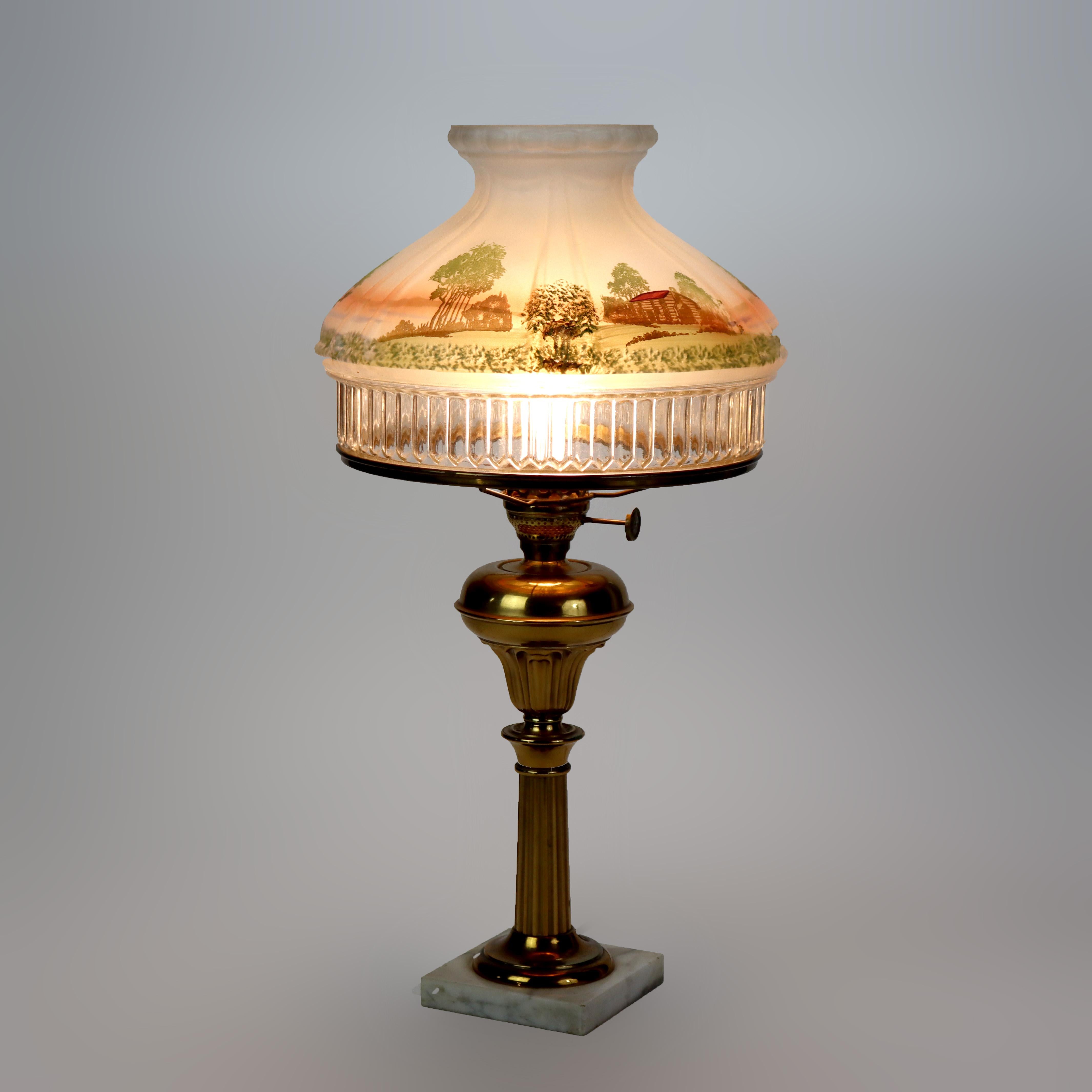 20th Century Brass Solar Style Lamp with Scenic Tam O’ Shanter Glass Shade & Marble Base For Sale