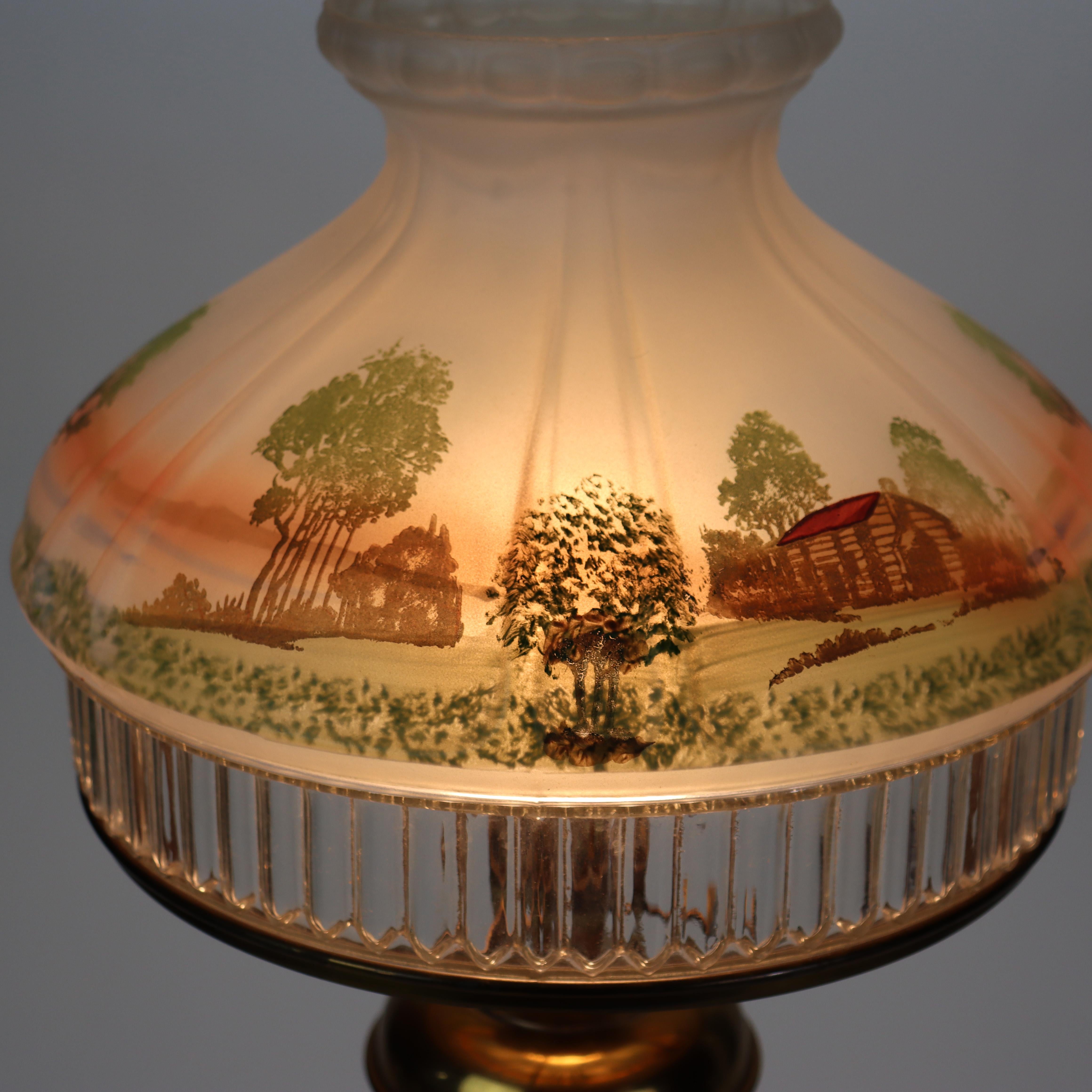 Brass Solar Style Lamp with Scenic Tam O’ Shanter Glass Shade & Marble Base For Sale 2