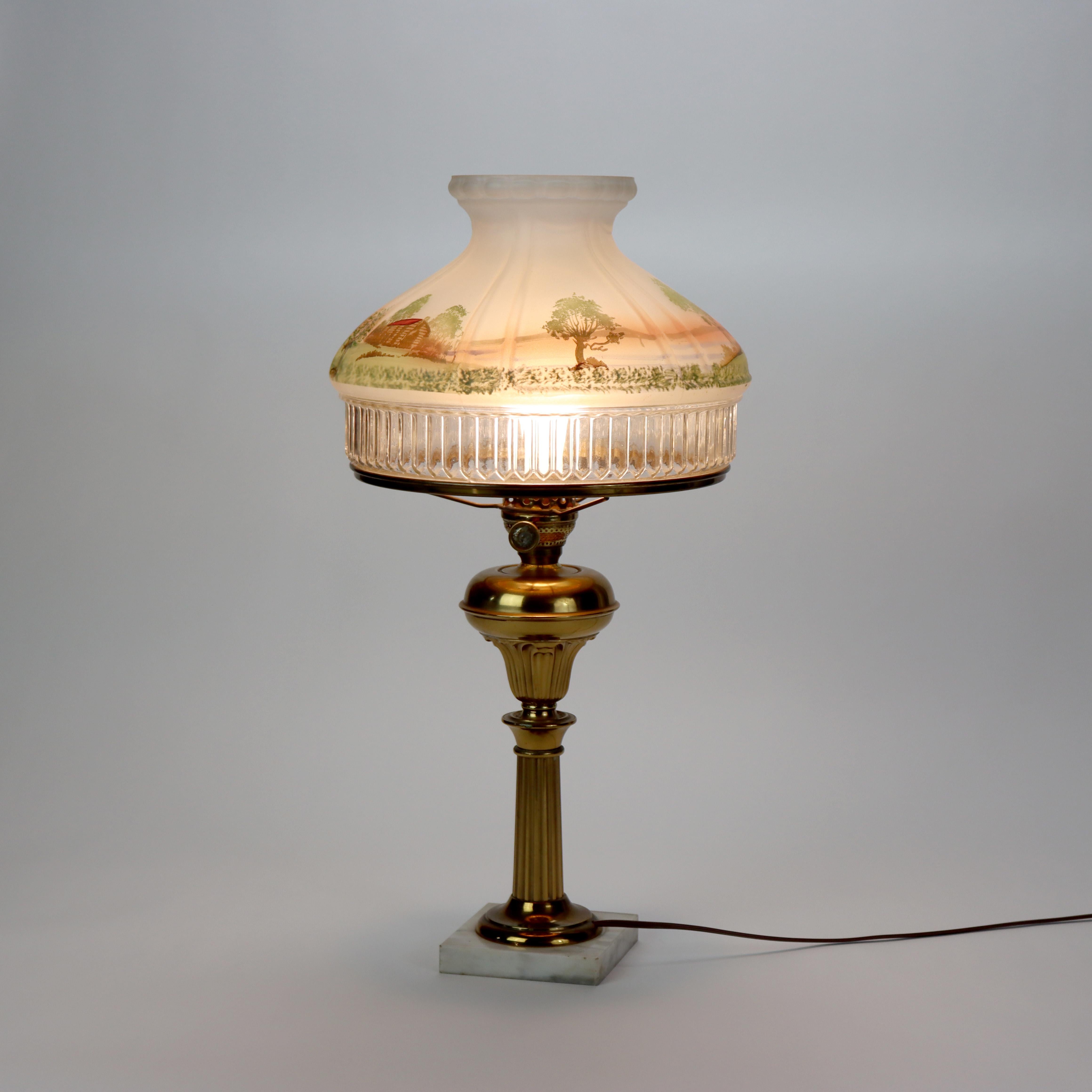 Brass Solar Style Lamp with Scenic Tam O’ Shanter Glass Shade & Marble Base For Sale 3