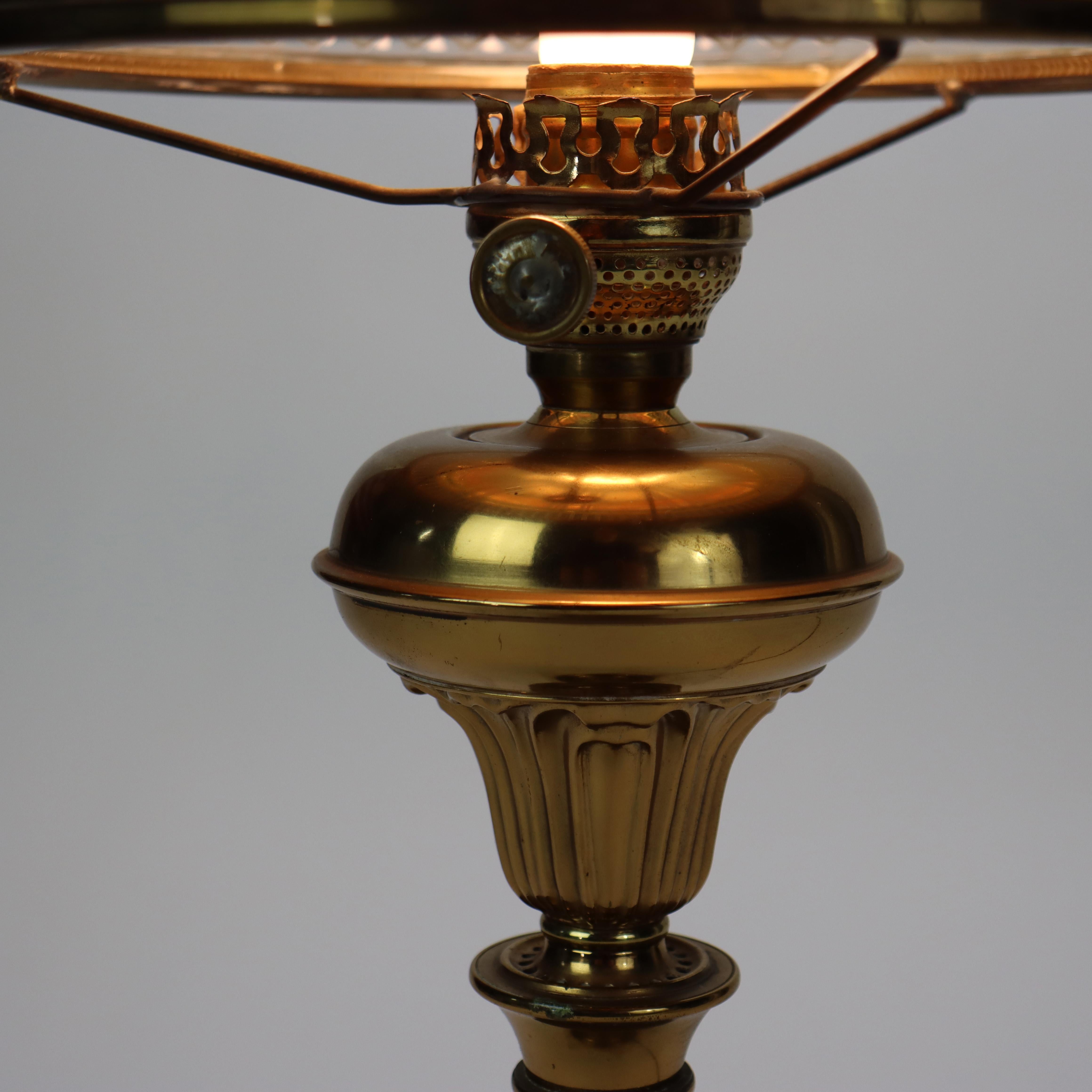 Brass Solar Style Lamp with Scenic Tam O’ Shanter Glass Shade & Marble Base For Sale 4