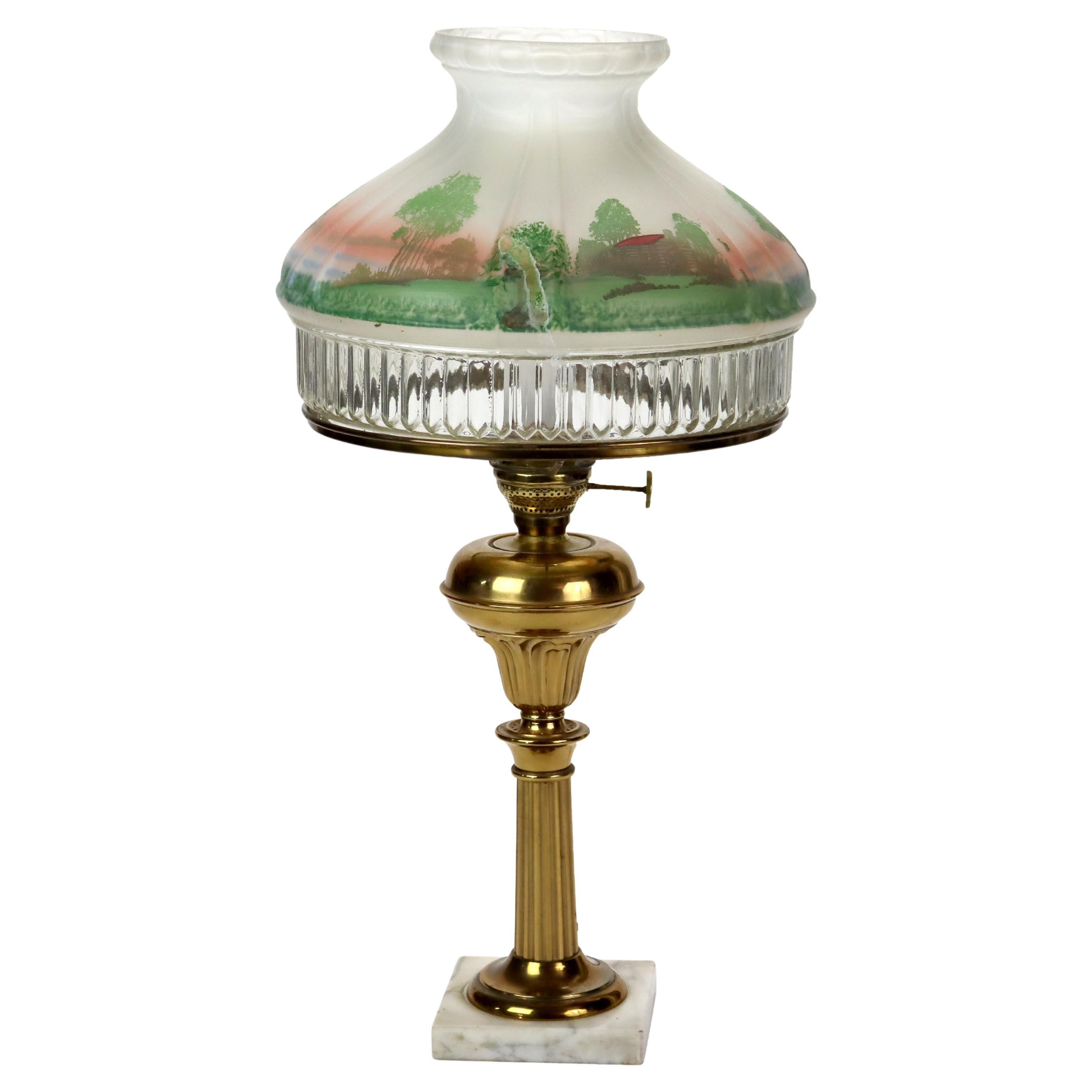 Brass Solar Style Lamp with Scenic Tam O’ Shanter Glass Shade & Marble Base For Sale