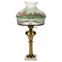 Brass Solar Style Lamp with Scenic Tam O’ Shanter Glass Shade & Marble Base