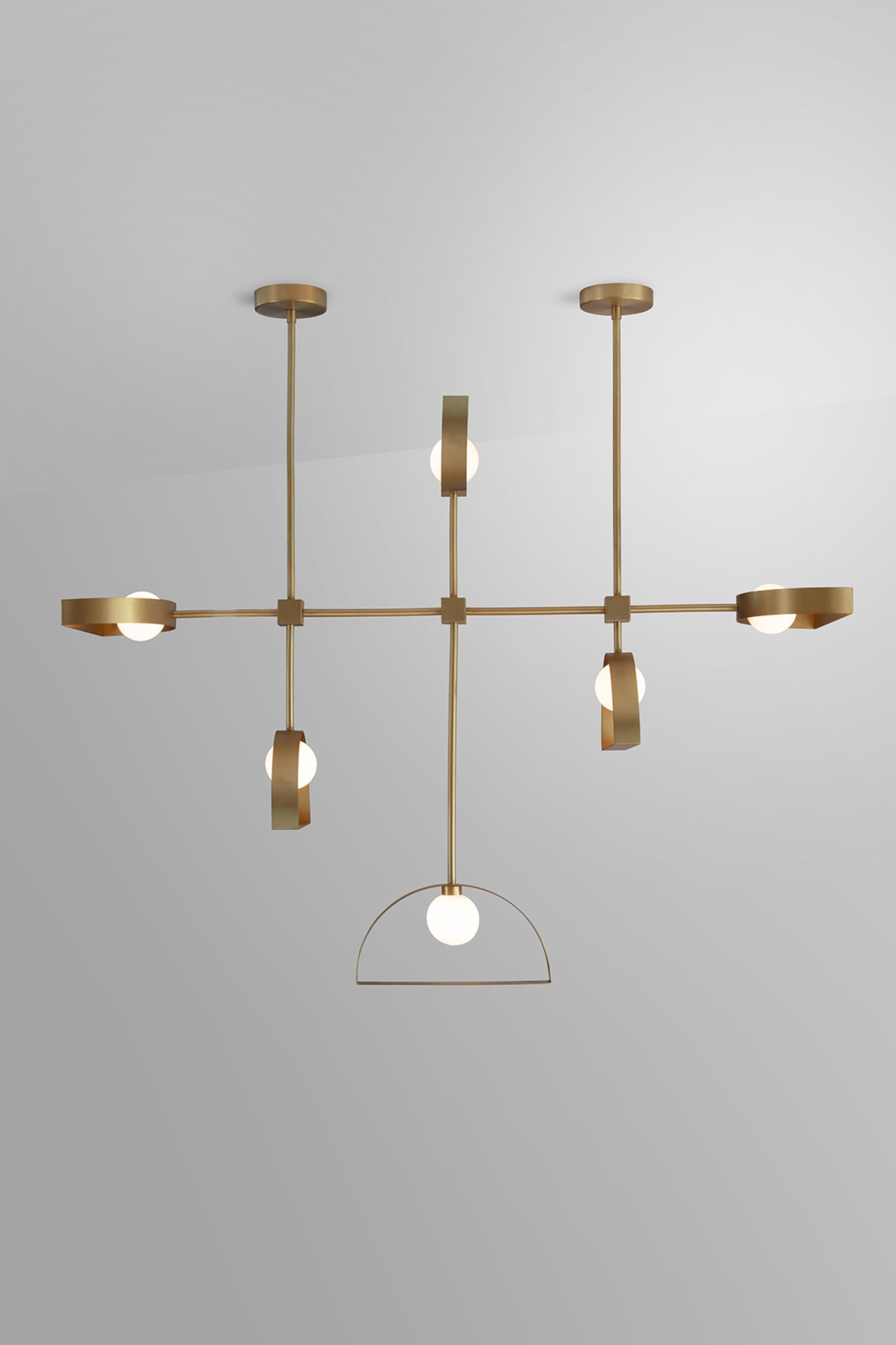 British Brass Sphere and Cut Circle Pendant Lamp by Square in Circle For Sale