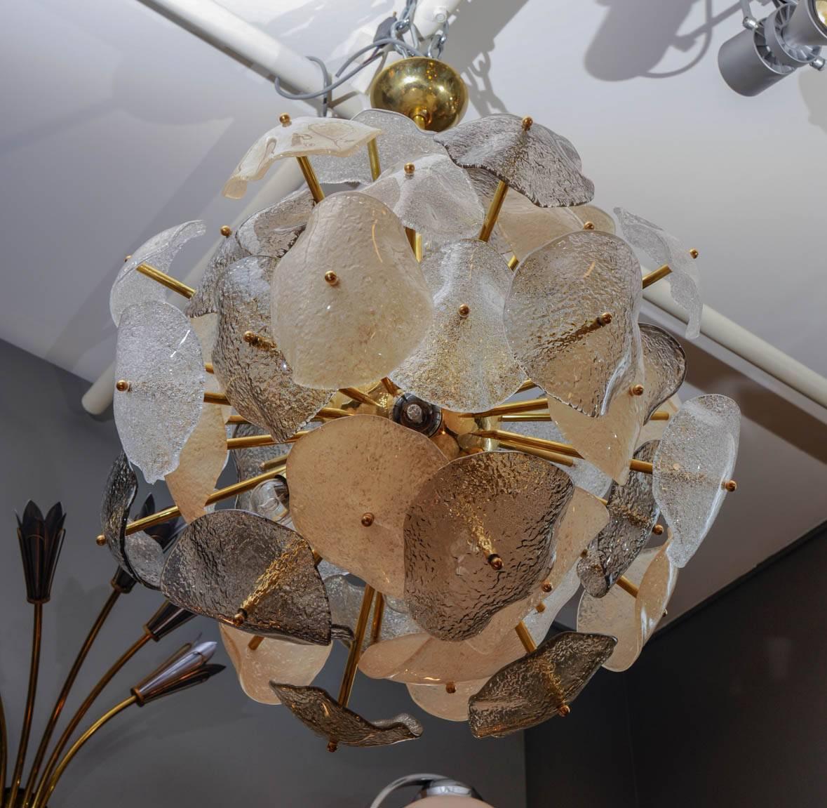 Modern Brass Sphere with Murano Glass Leaves Chandelier For Sale
