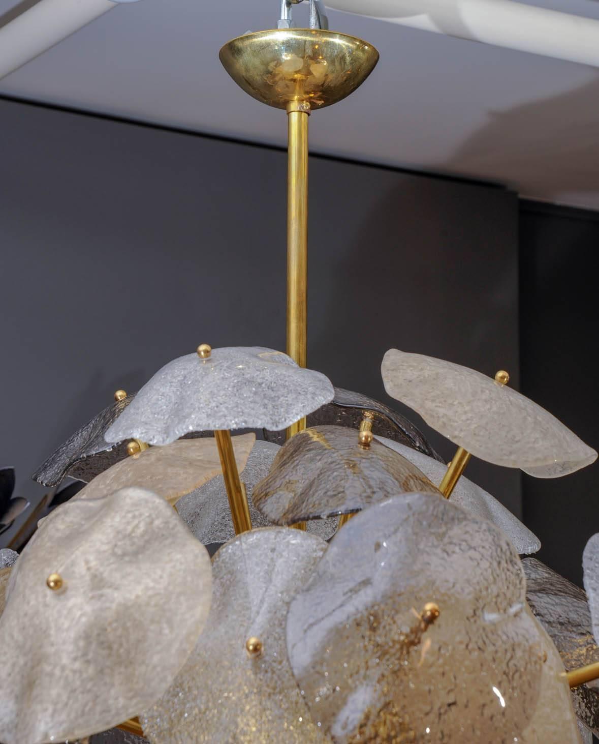 Contemporary Brass Sphere with Murano Glass Leaves Chandelier For Sale