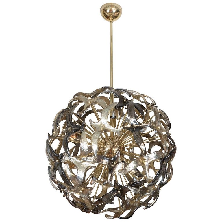 Spherical Fixure Brass Spherical Fixture Composed of Golden Glass Bird Form Elements For ...