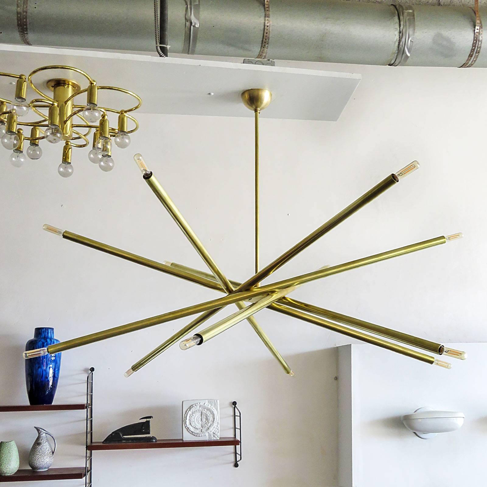 Stunning extra large six-arm, twelve-light chandelier in raw brass, diameter 48