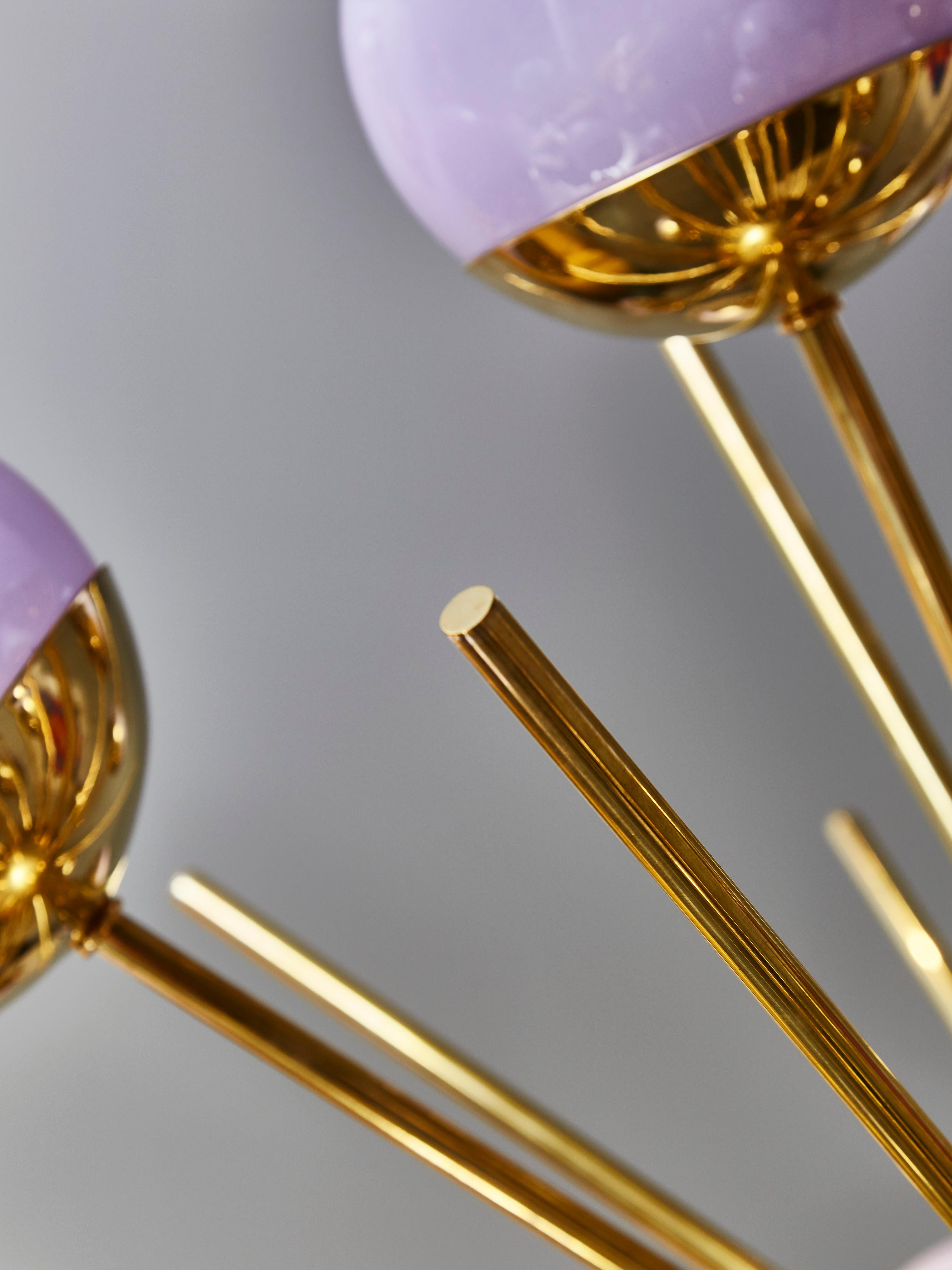 Modern Brass Sputnik Chandelier with Lilac Glass Globes For Sale
