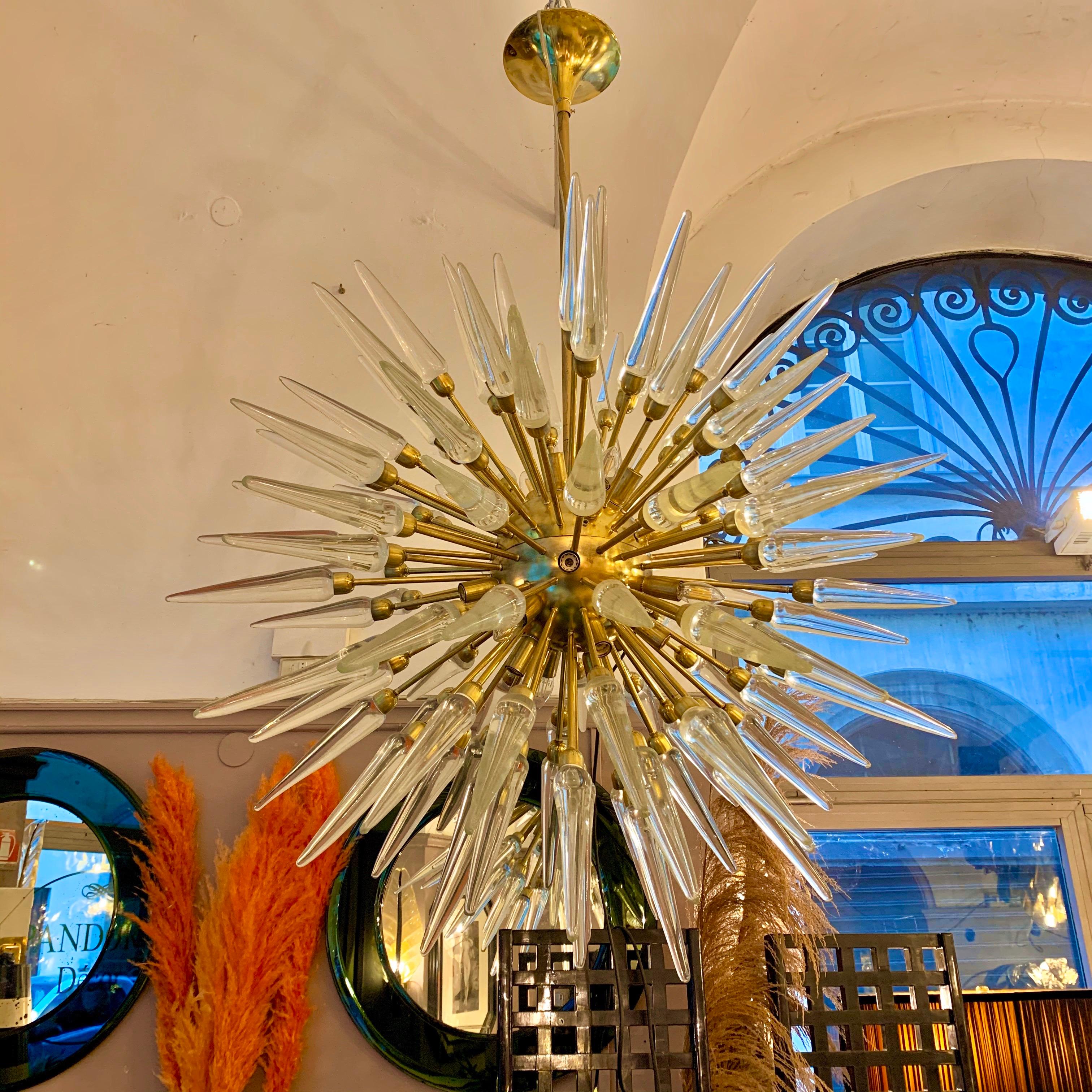 Italian Brass Sputnik Chandelier with Murano Clear Glass Tips, 1970s For Sale