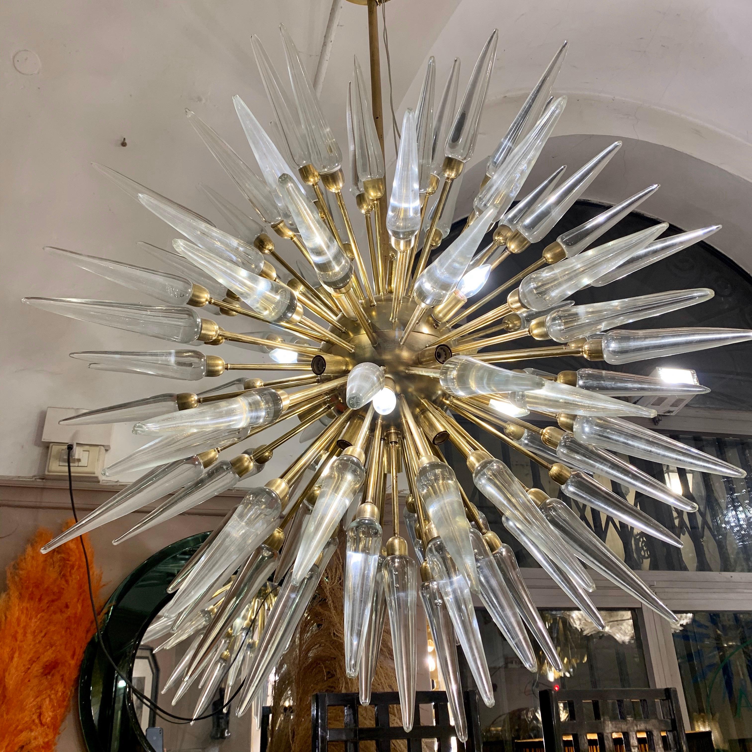 Brass Sputnik Chandelier with Murano Clear Glass Tips, 1970s In Excellent Condition For Sale In Florence, IT