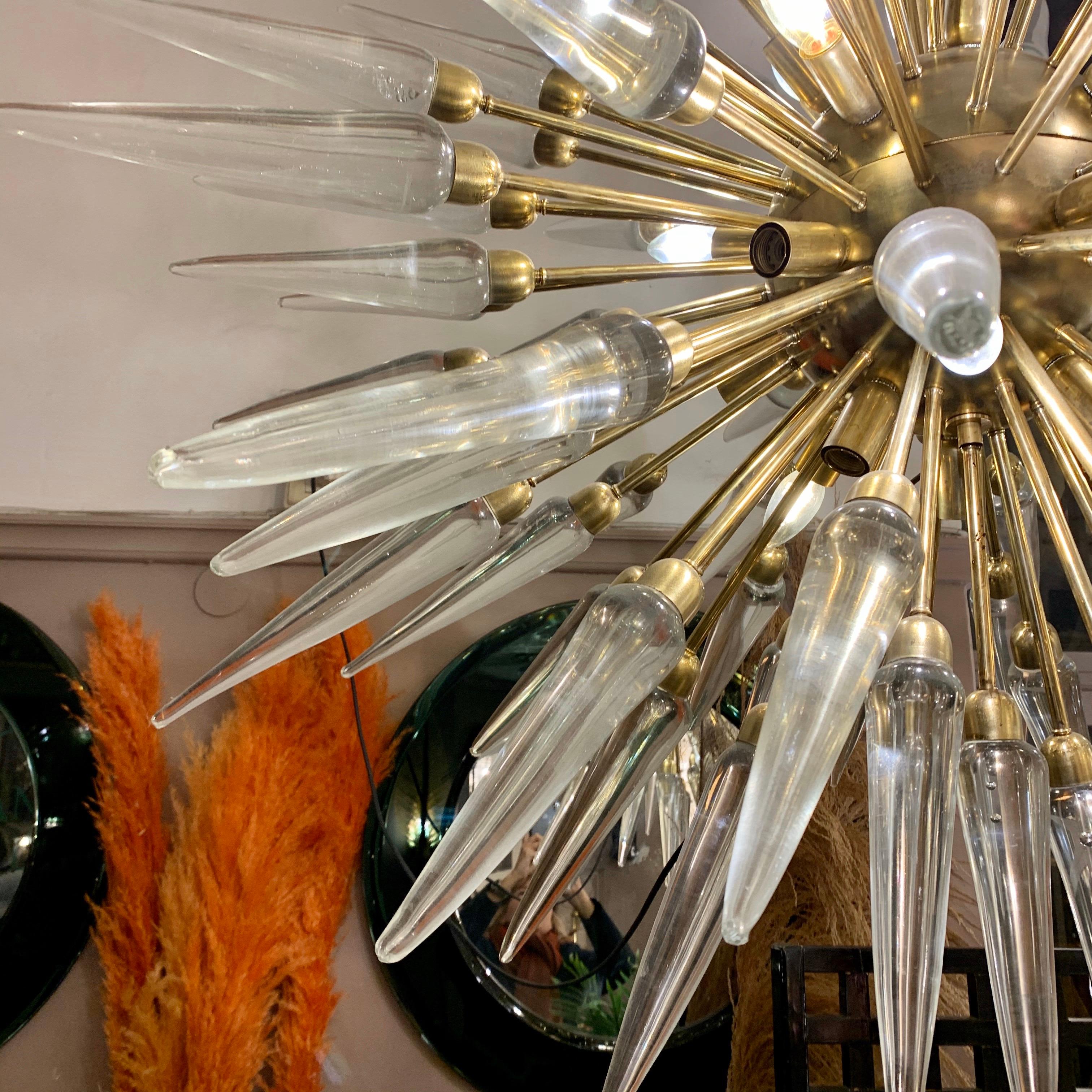 Brass Sputnik Chandelier with Murano Clear Glass Tips, 1970s For Sale 1