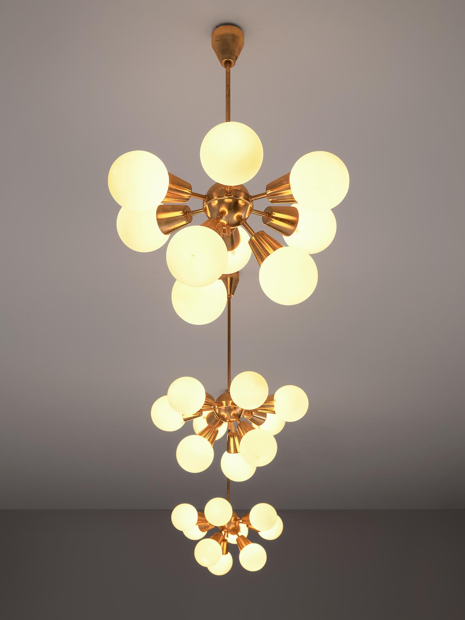 Mid-Century Modern Brass Sputnik Chandelier with Opaline Glass Spheres