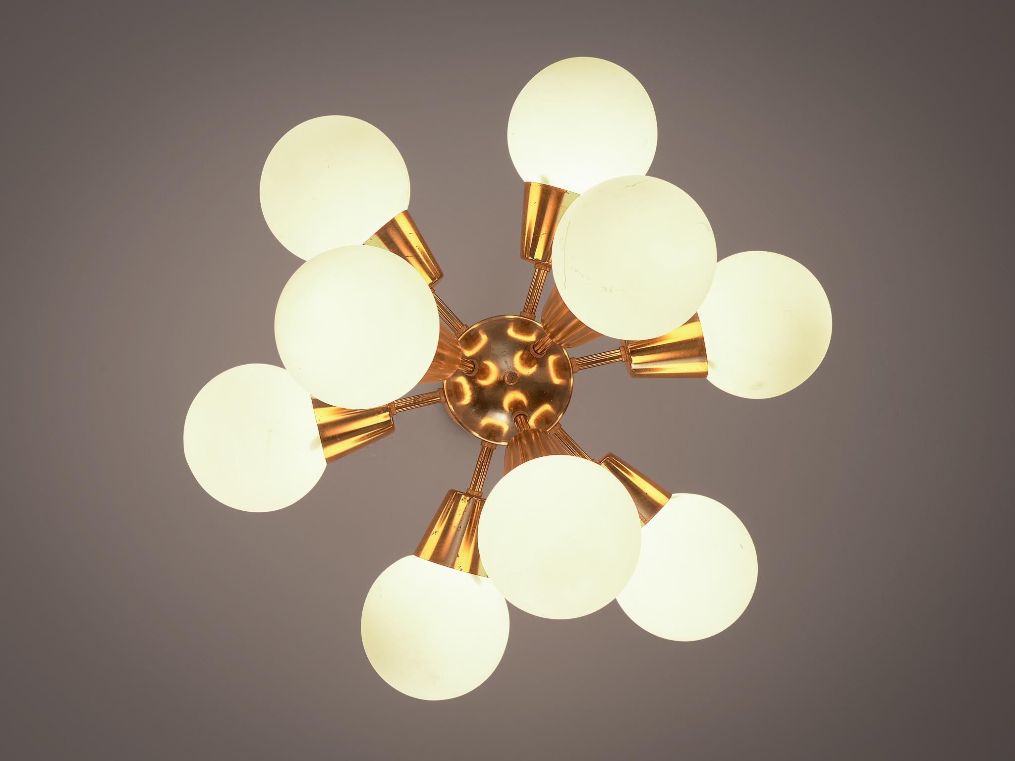 Mid-Century Modern Brass Sputnik Chandelier with Opaline Glass Spheres For Sale
