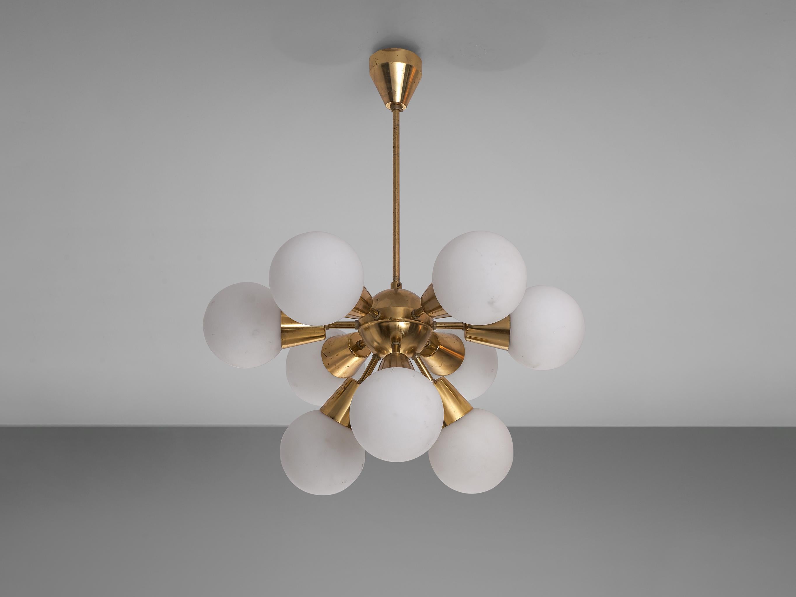 European Brass Sputnik Chandelier with Opaline Glass Spheres For Sale