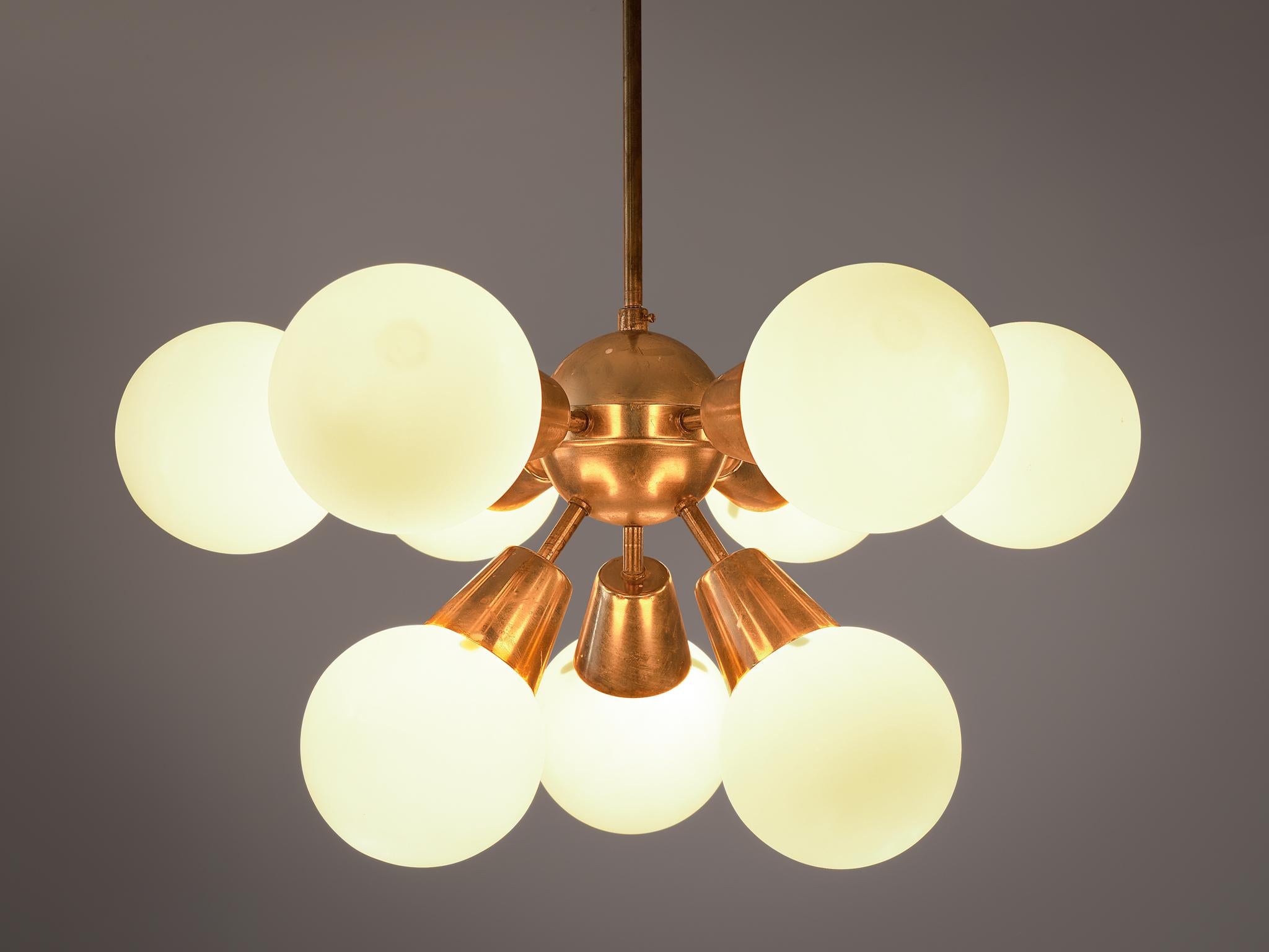Brass Sputnik Chandelier with Opaline Glass Spheres In Good Condition For Sale In Waalwijk, NL