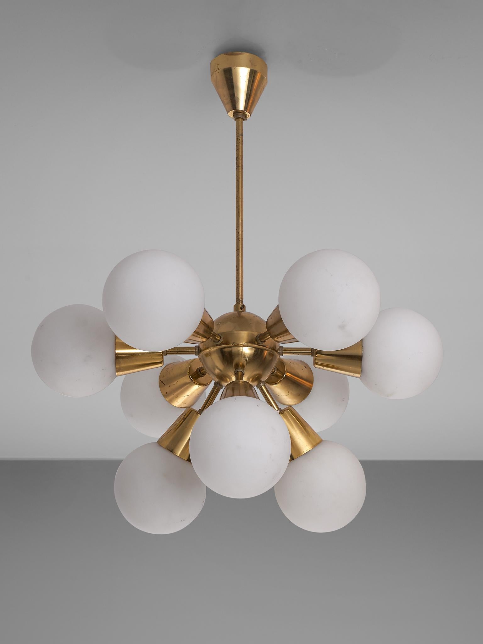 Brass Sputnik Chandelier with Opaline Glass Spheres 1