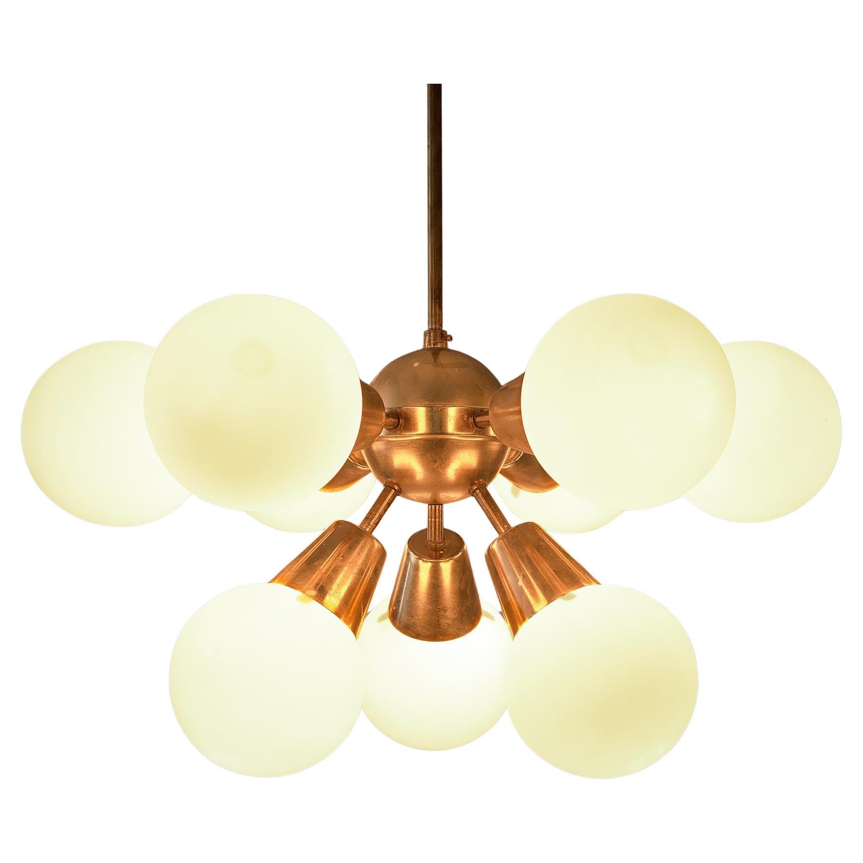 Brass Sputnik Chandelier with Opaline Glass Spheres