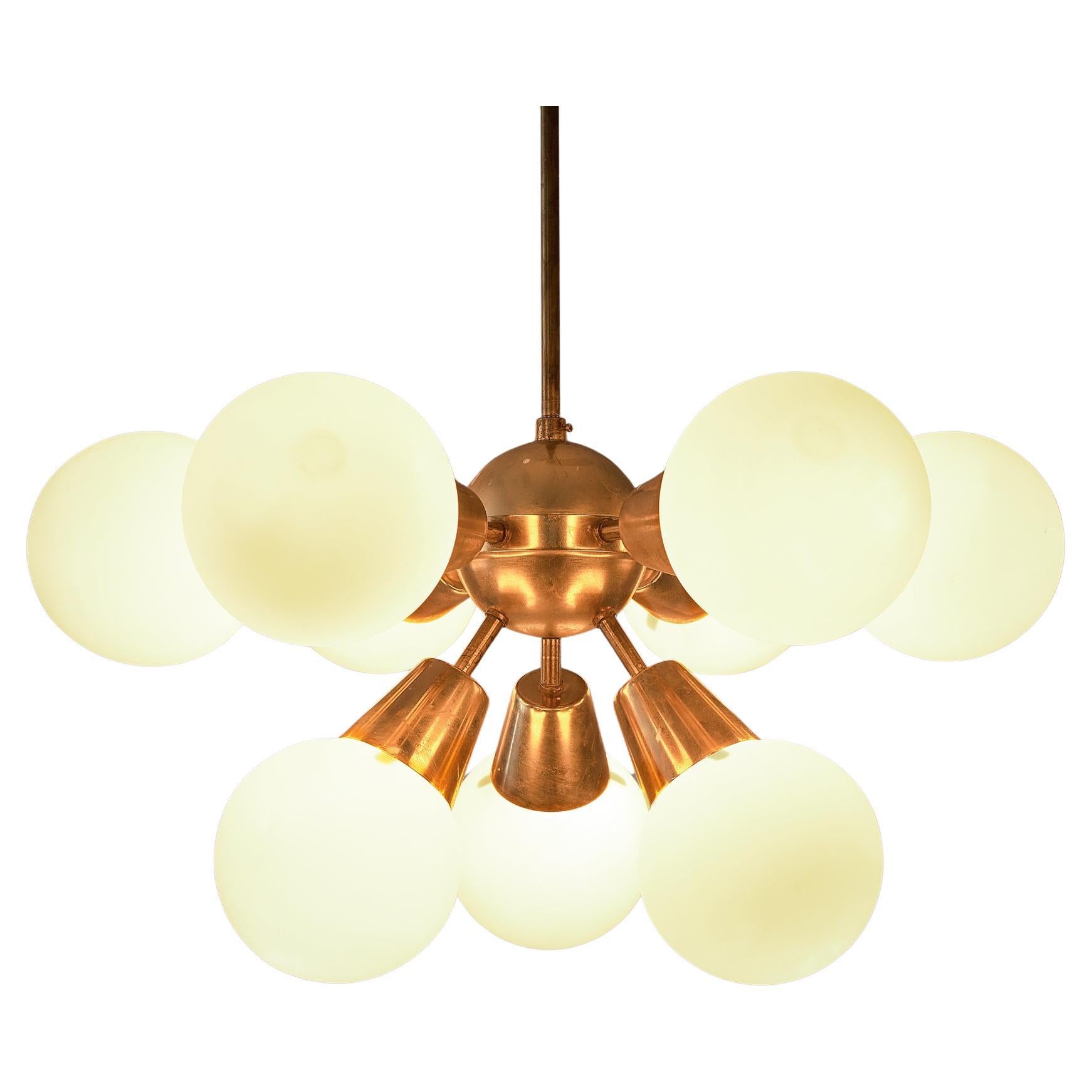 Brass Sputnik Chandelier with Opaline Glass Spheres 