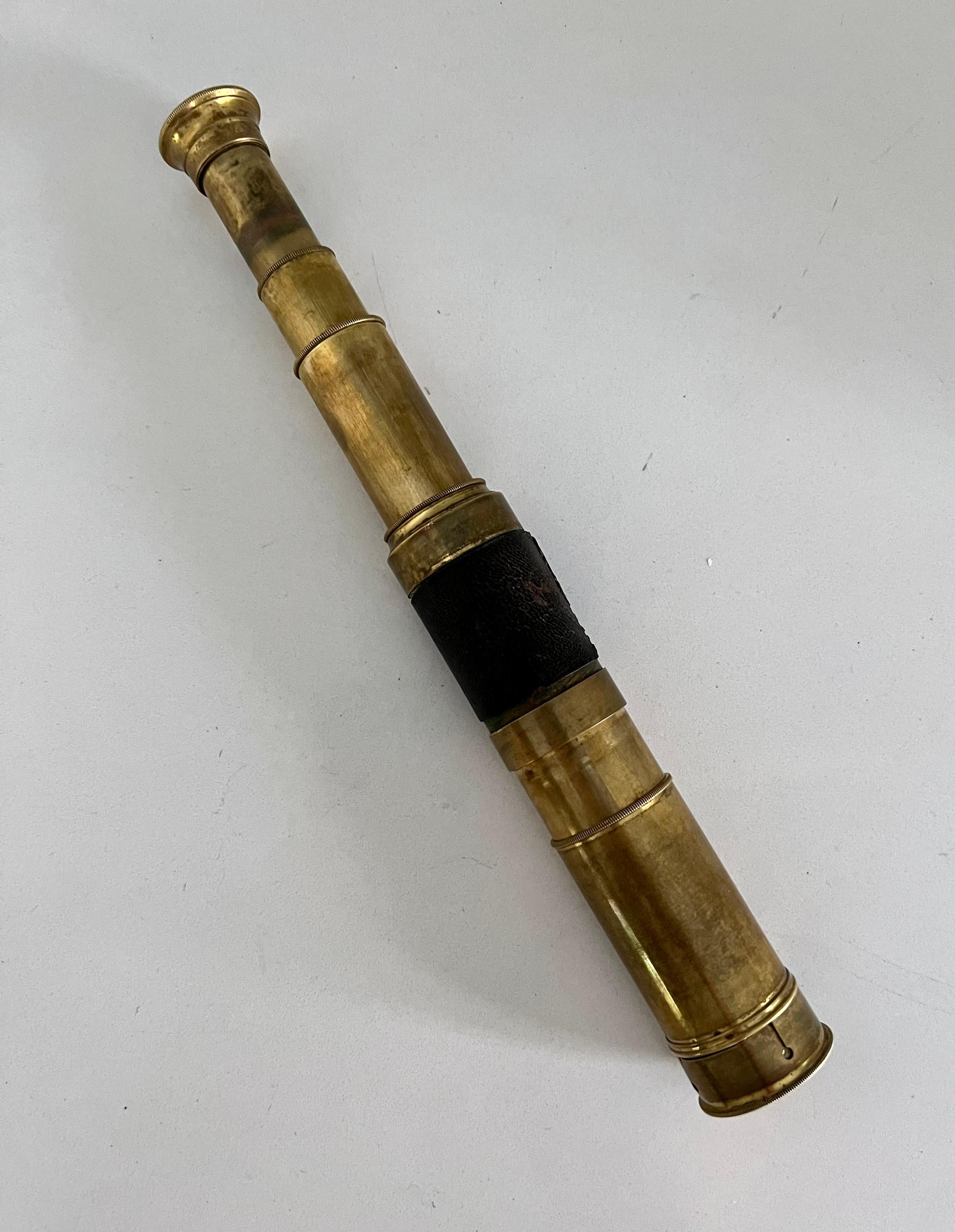 European Brass Spyglass Collapsible Telescope with Leather Handle  For Sale