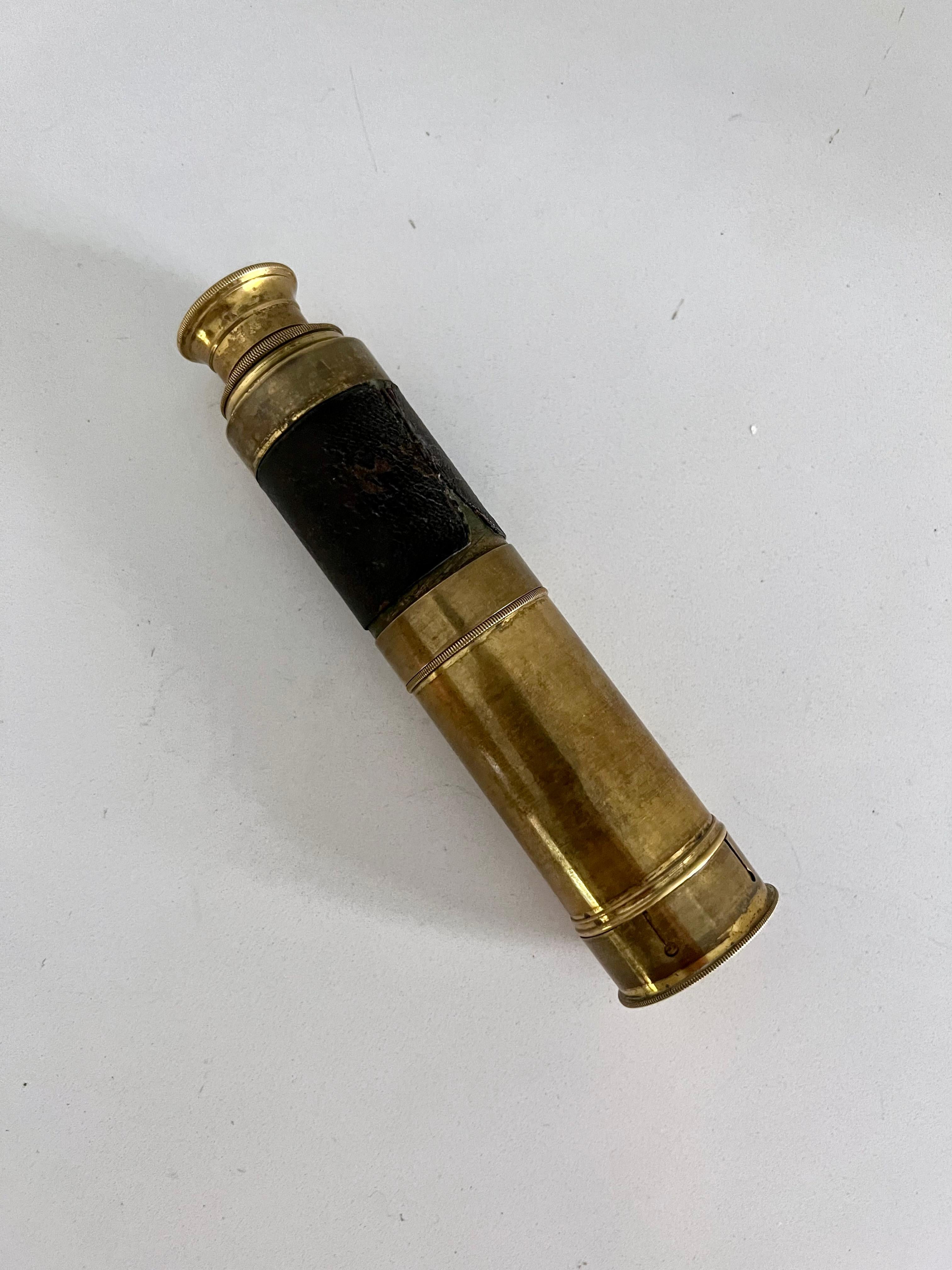 Patinated Brass Spyglass Collapsible Telescope with Leather Handle  For Sale