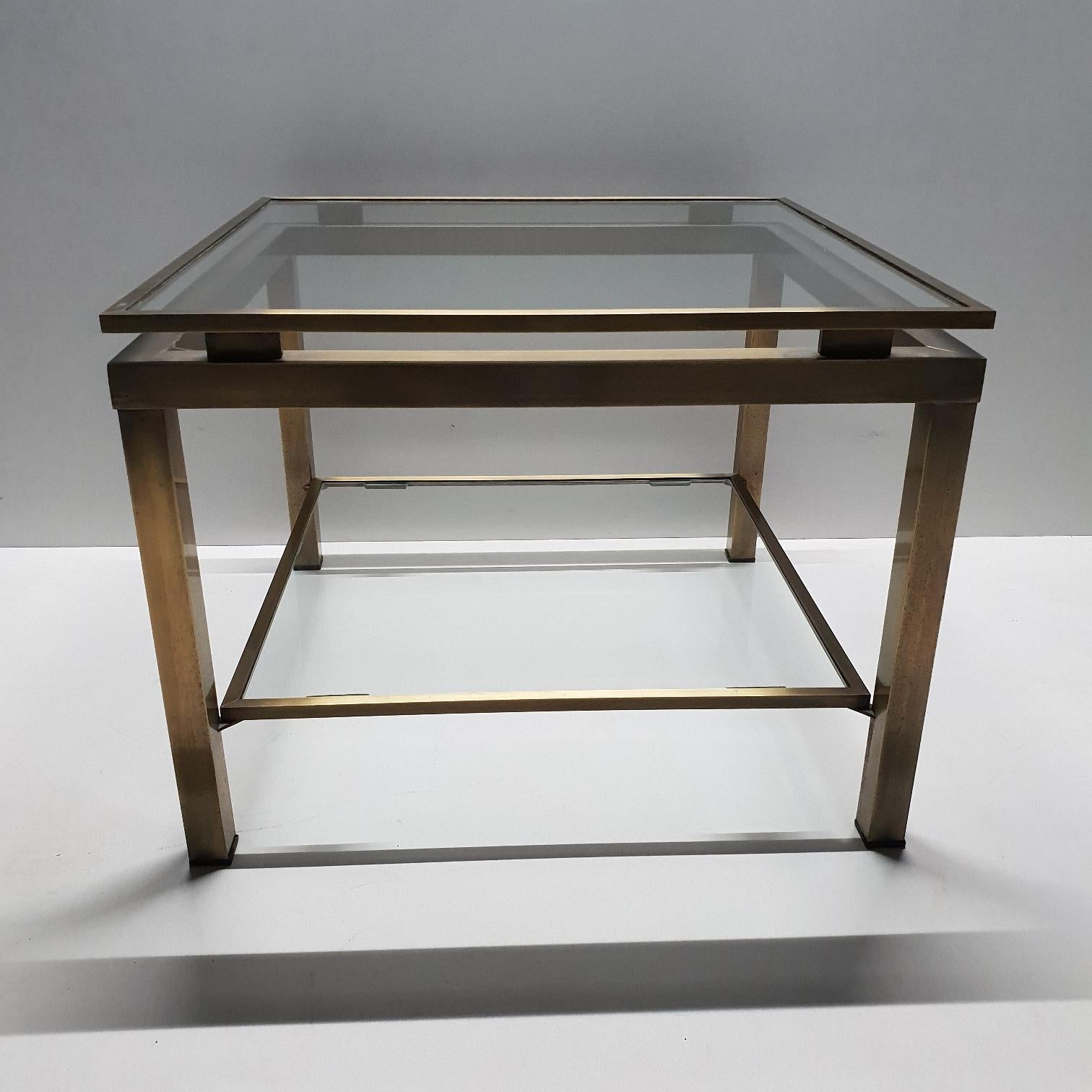 Brass Square 2-Tier Side Table with Glass by Maison Jansen, 1970s For Sale 2