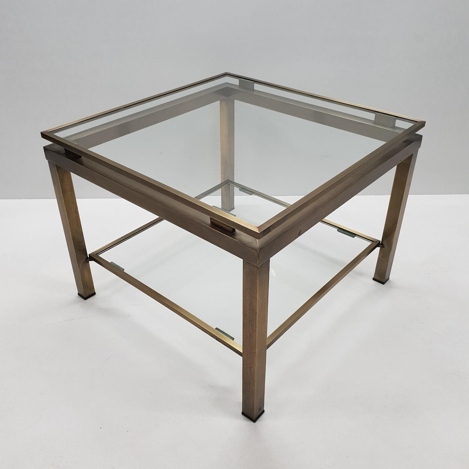 French Brass Square 2-Tier Side Table with Glass by Maison Jansen, 1970s For Sale