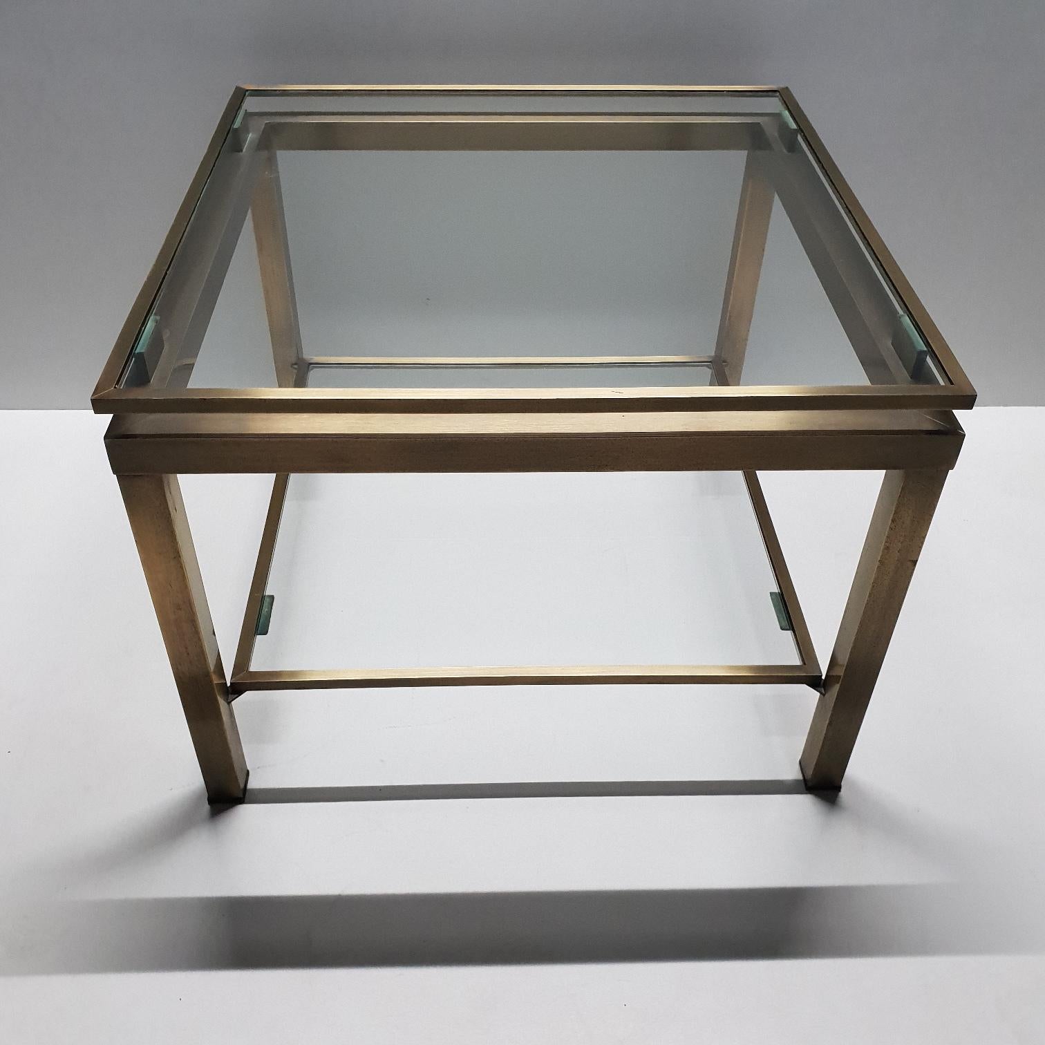 Brushed Brass Square 2-Tier Side Table with Glass by Maison Jansen, 1970s For Sale