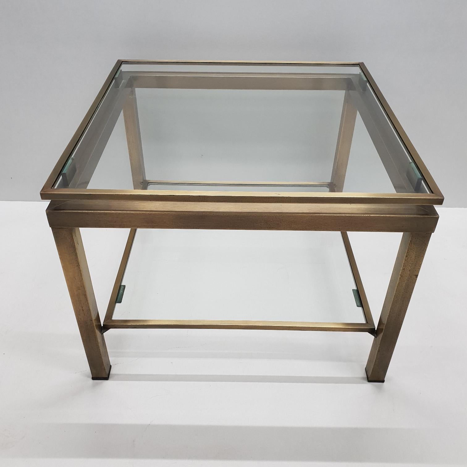 Brass Square 2-Tier Side Table with Glass by Maison Jansen, 1970s For Sale 1