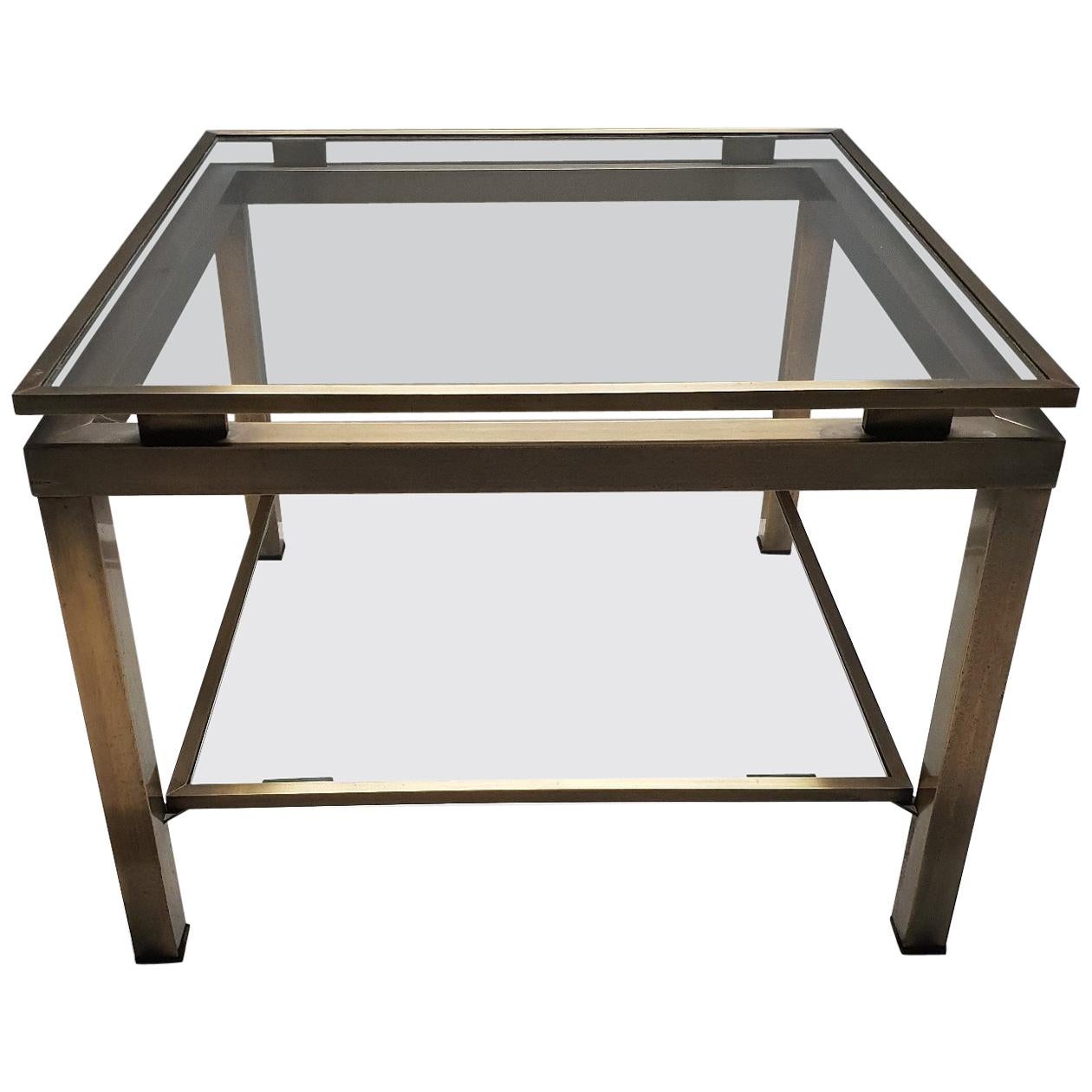 Brass Square 2-Tier Side Table with Glass by Maison Jansen, 1970s For Sale