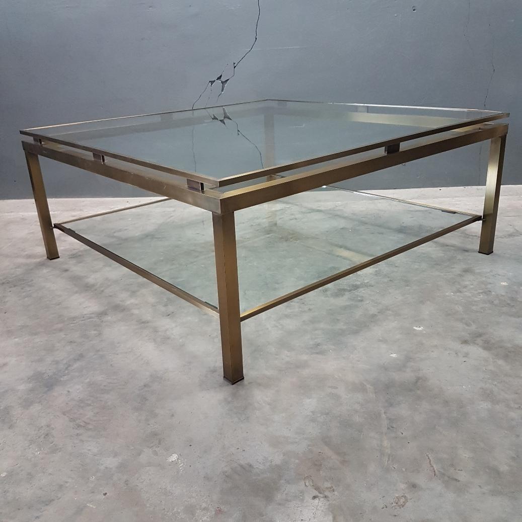 Mid-Century Modern Brass Square Coffee Table with Cut Glass Shelves by Maison Jansen, 1970s