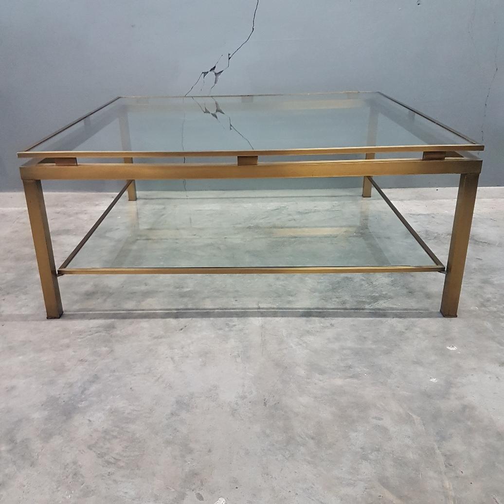 French Brass Square Coffee Table with Cut Glass Shelves by Maison Jansen, 1970s