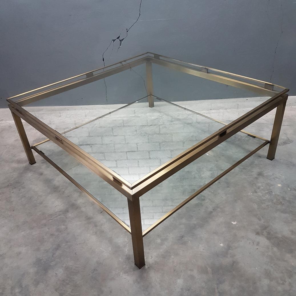 Brushed Brass Square Coffee Table with Cut Glass Shelves by Maison Jansen, 1970s