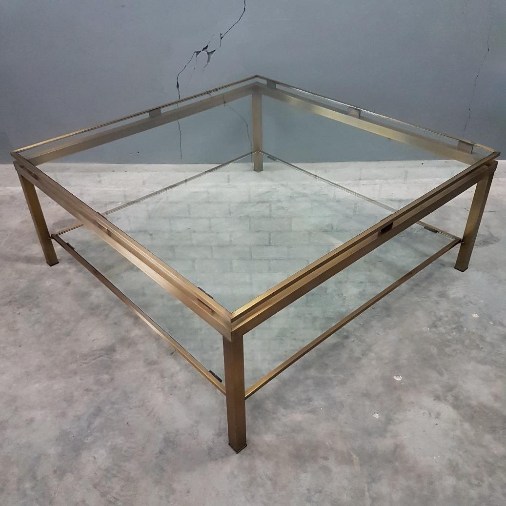 Late 20th Century Brass Square Coffee Table with Cut Glass Shelves by Maison Jansen, 1970s