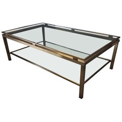 Brass Square Coffee Table with Cut Glass Shelves by Maison Jansen, 1970s